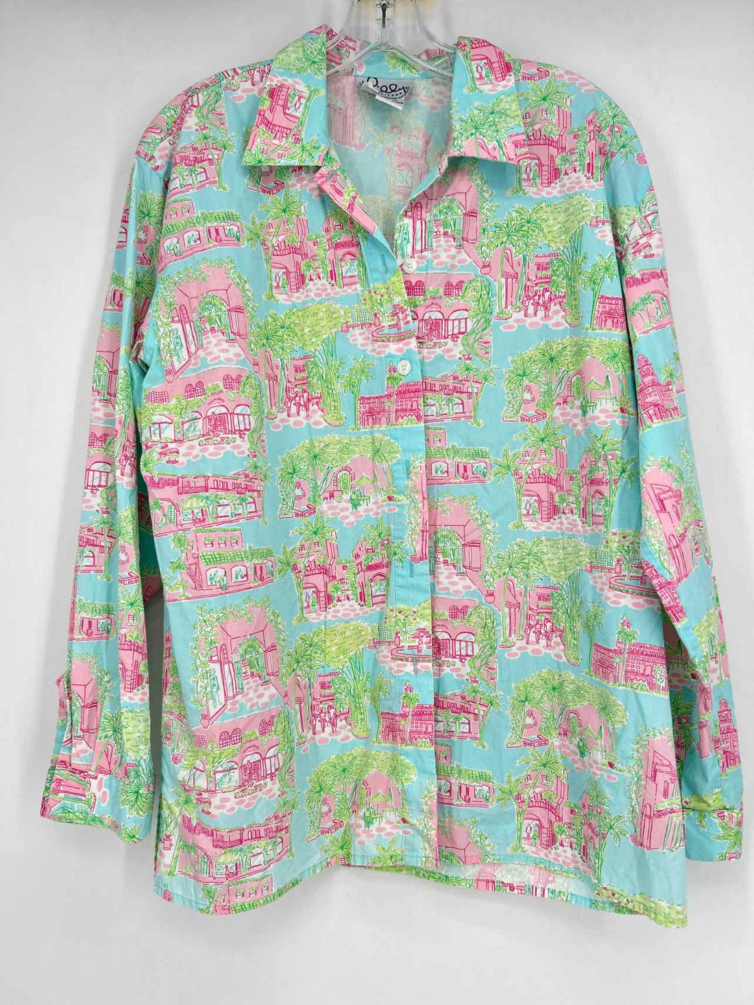 Lilly Pulitzer M Light Blue Pink & Green Print Cotton Vintage Lilly Pulitzer Top