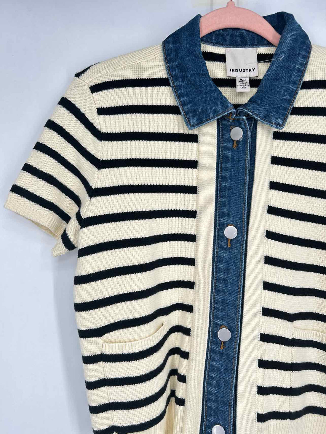 Industry Size M Cream & Navy Striped Short Sleeve