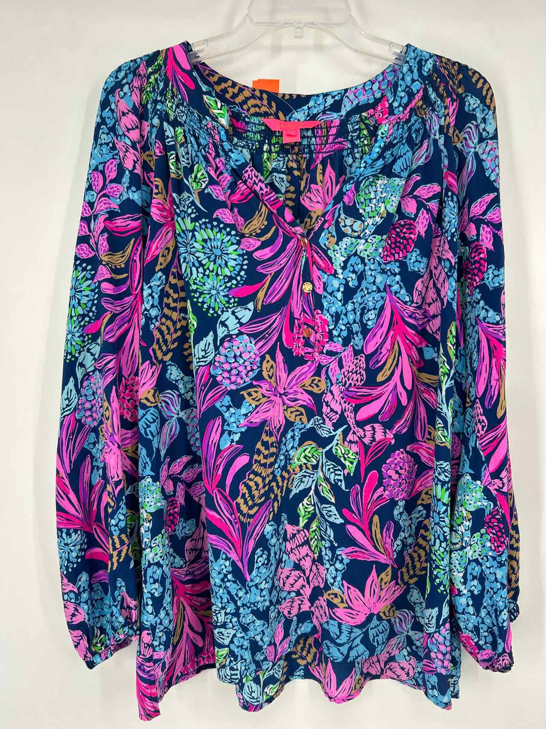 Lilly Pulitzer XXL Navy Floral Silk Long Sleeve Lilly Pulitzer Top