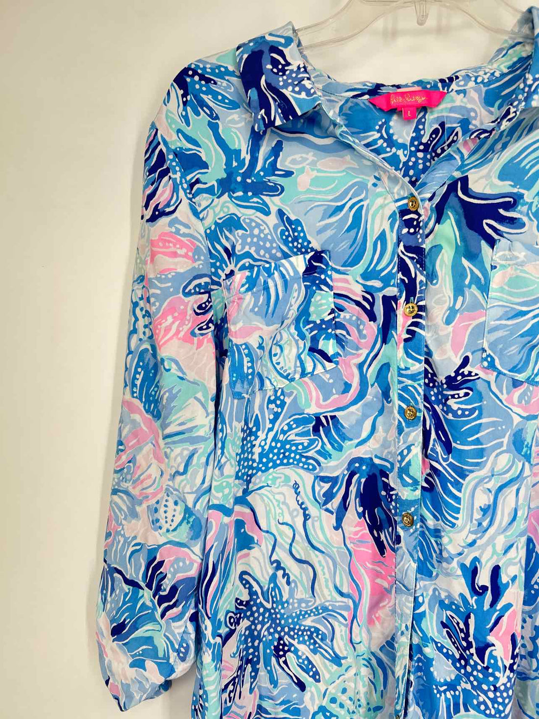 Lilly Pulitzer L Blue & Pink Print Long Sleeve Lilly Pulitzer Dress