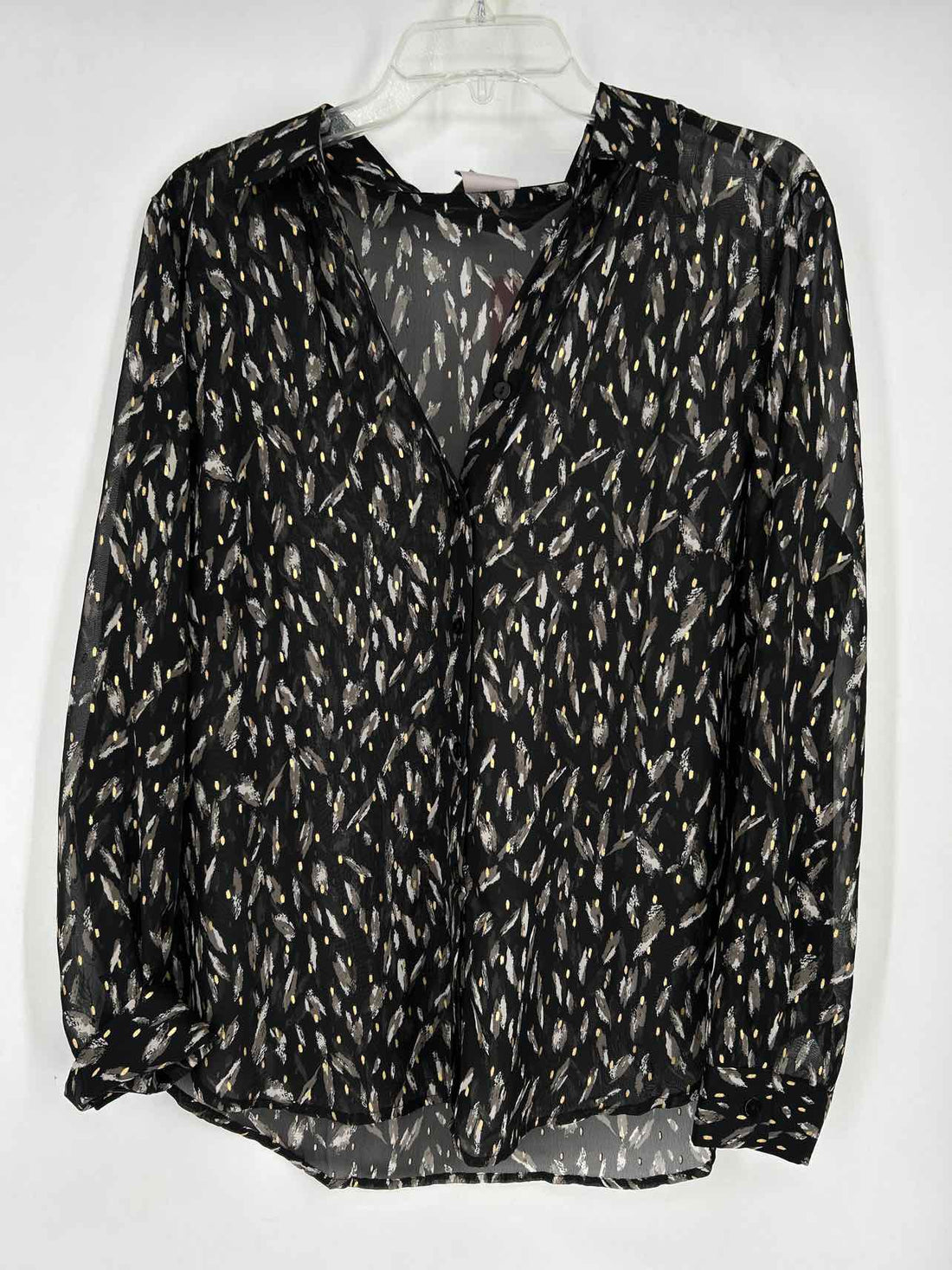 Chicos Size 2/L Black Print Sheer Long Sleeve