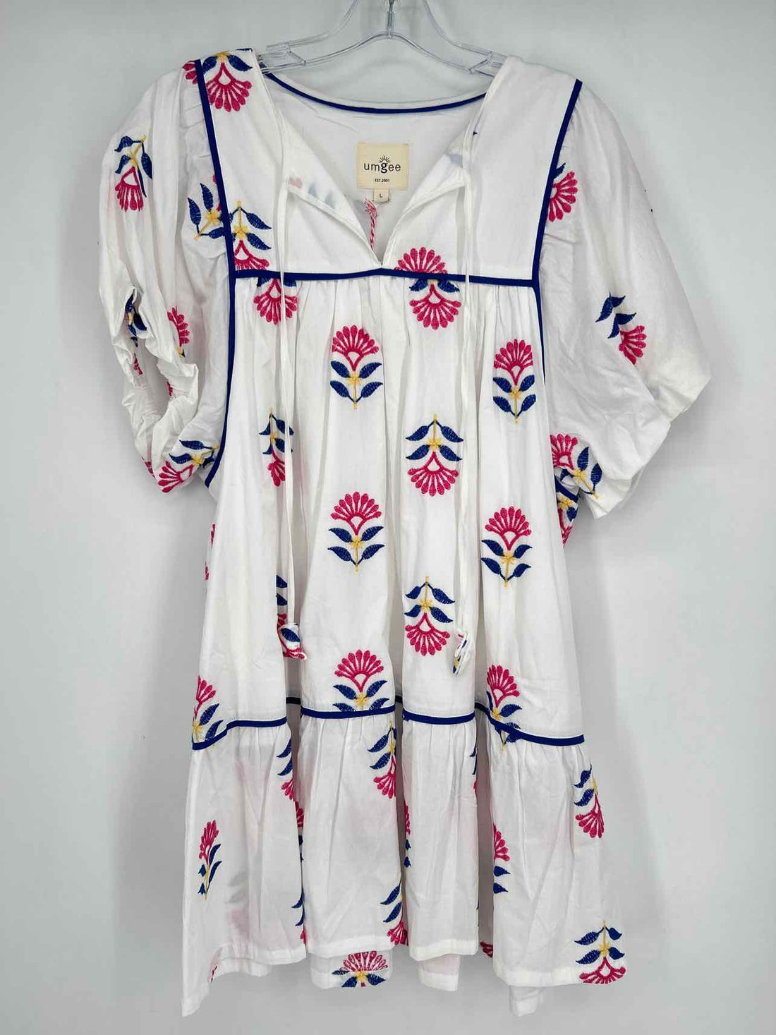 Umgee Size L White Blue & Pink Print Embroidered NWT Dress