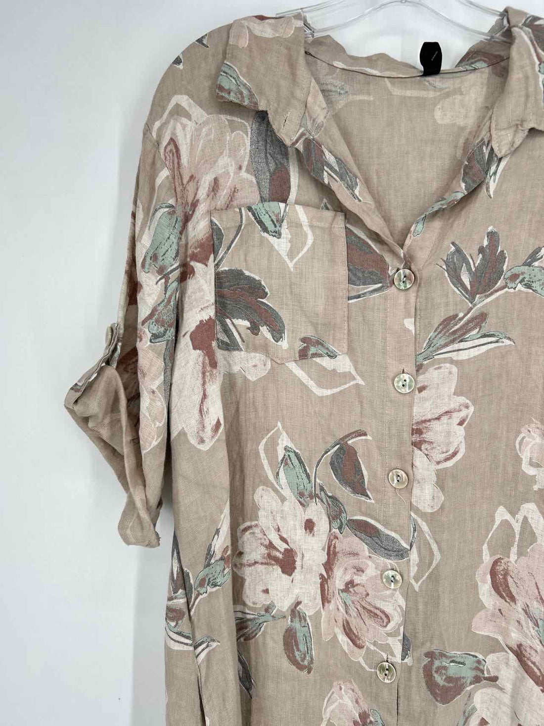 Venti6 Size L Beige Floral Linen Short Sleeve Dress