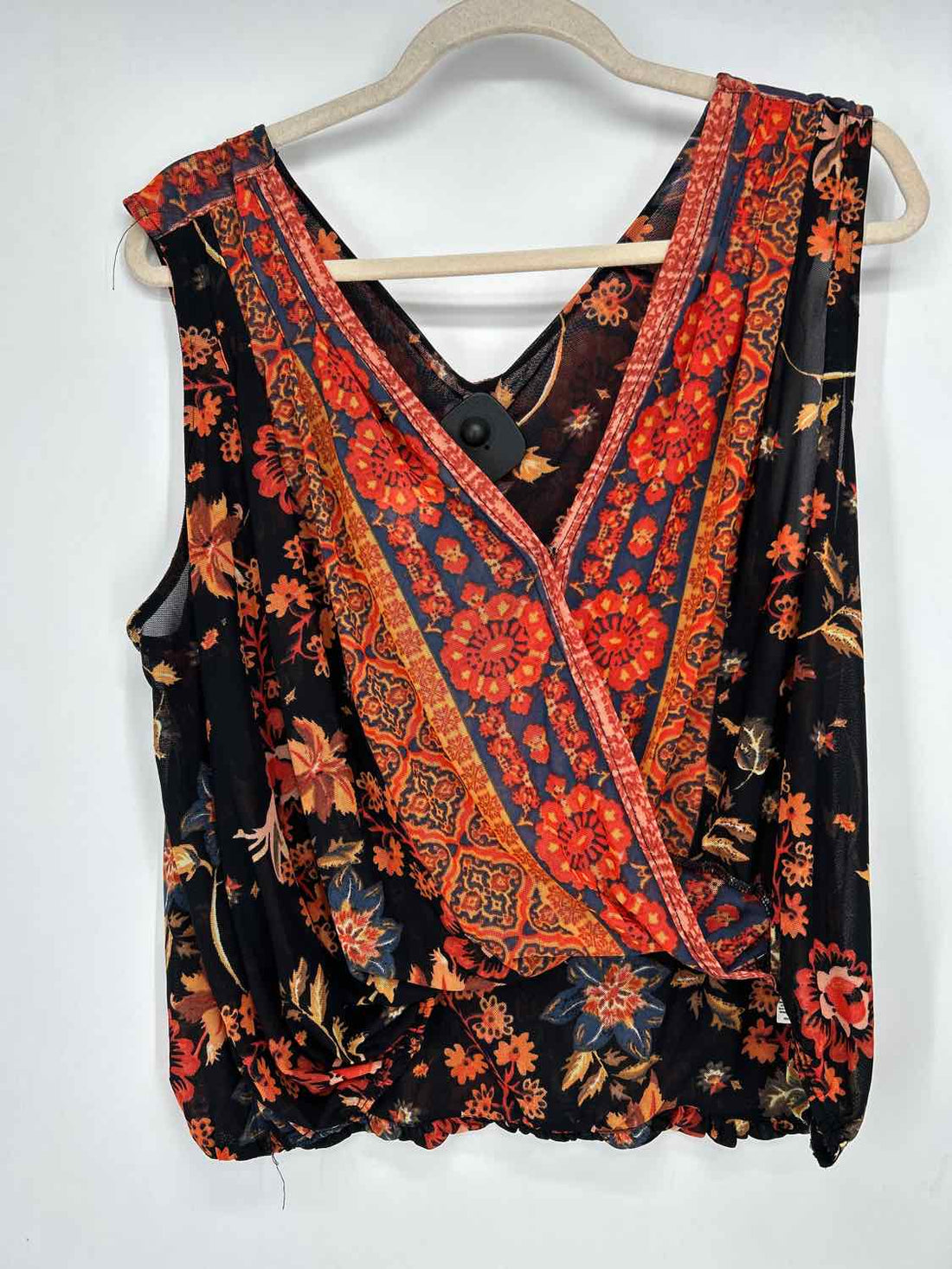 Free People Size S Black & Orange Floral Mesh Sleeveless