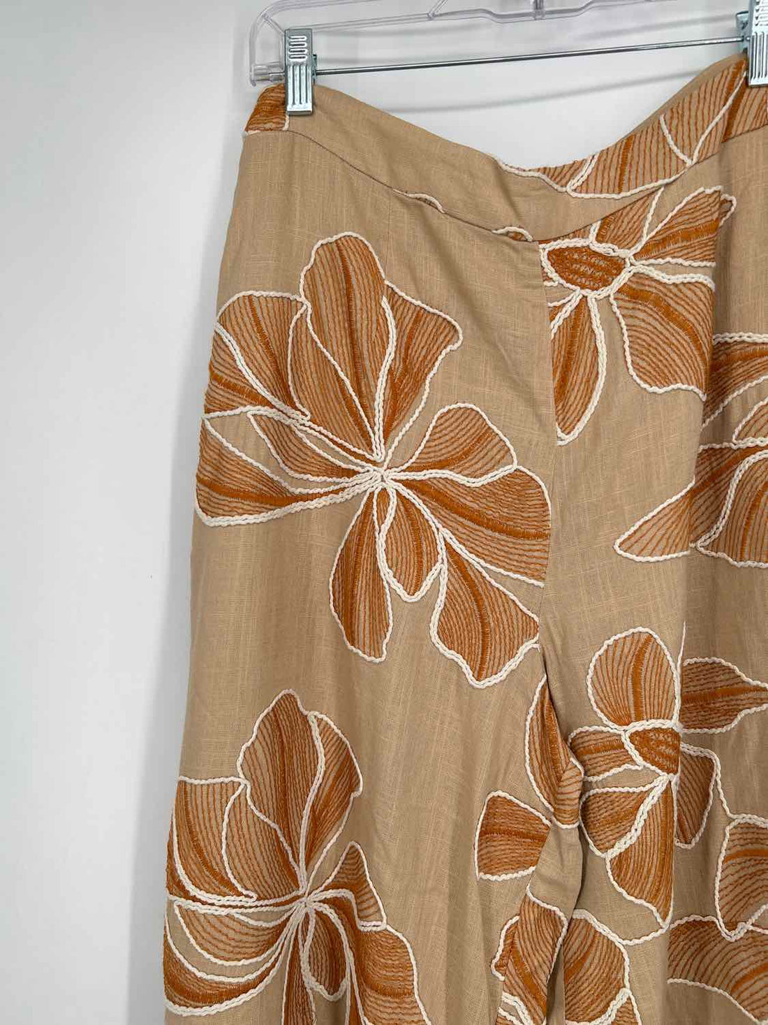Traffic People Size L Khaki & Rust Floral Linen 100% Pants