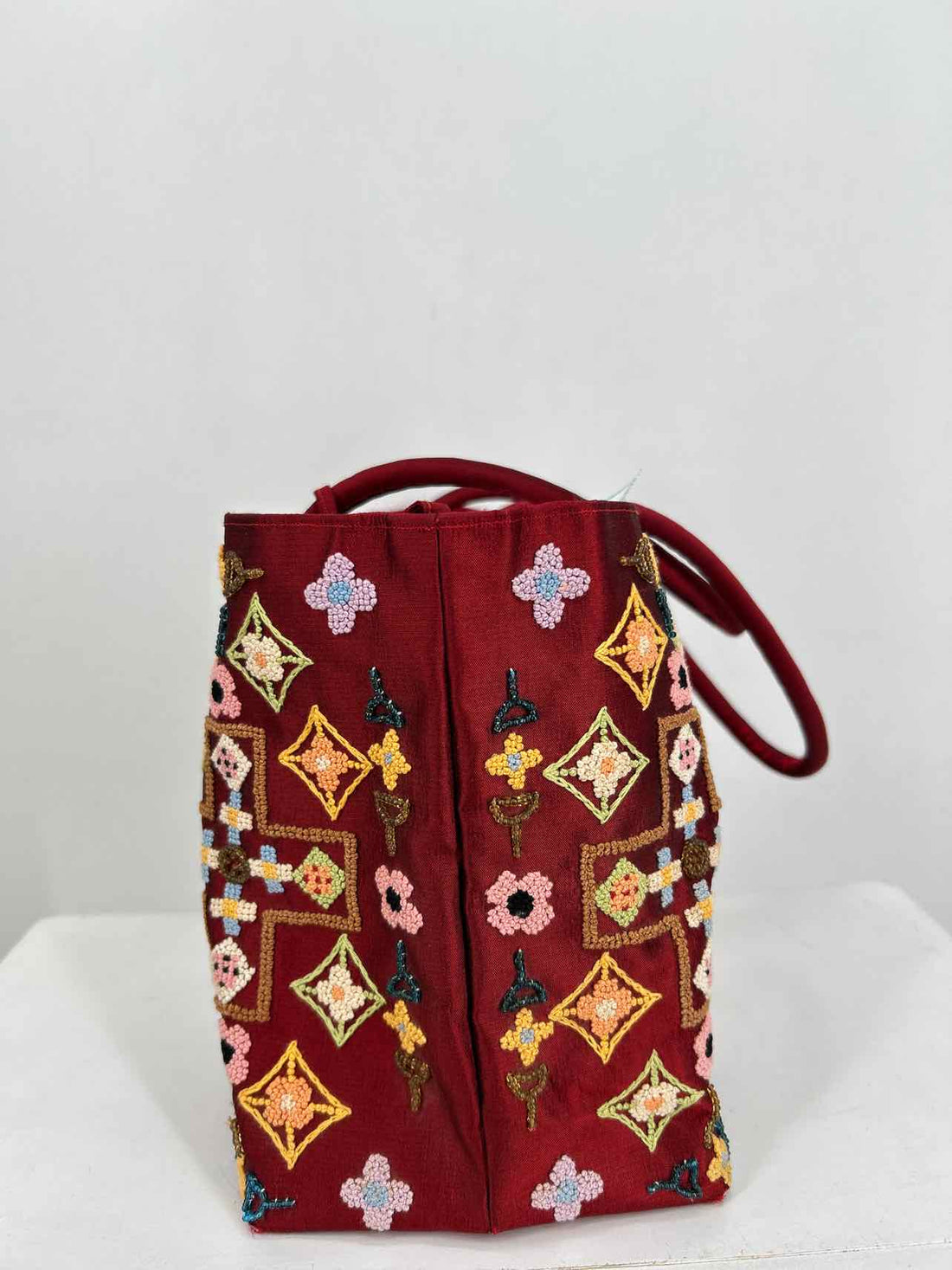 Katie Wong Dark Red Embroidered Vintage Tote