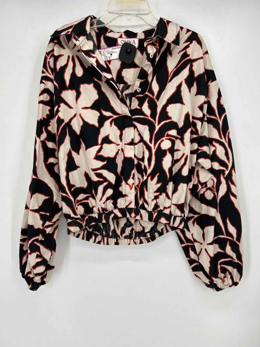 Omika Size S Beige & Black Print Long Sleeve