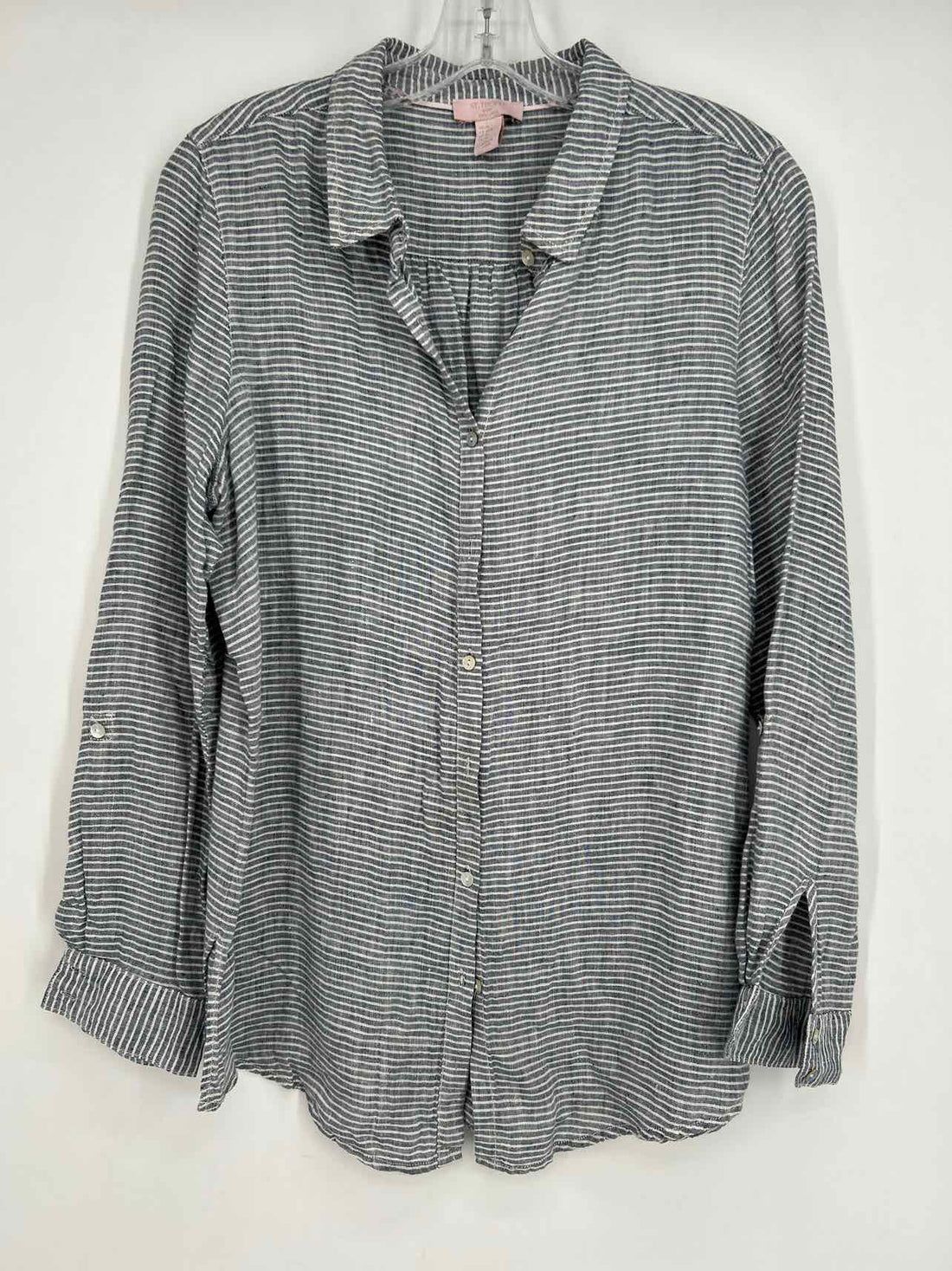 St Tropez West Size M Navy & White Striped Linen Long Sleeve