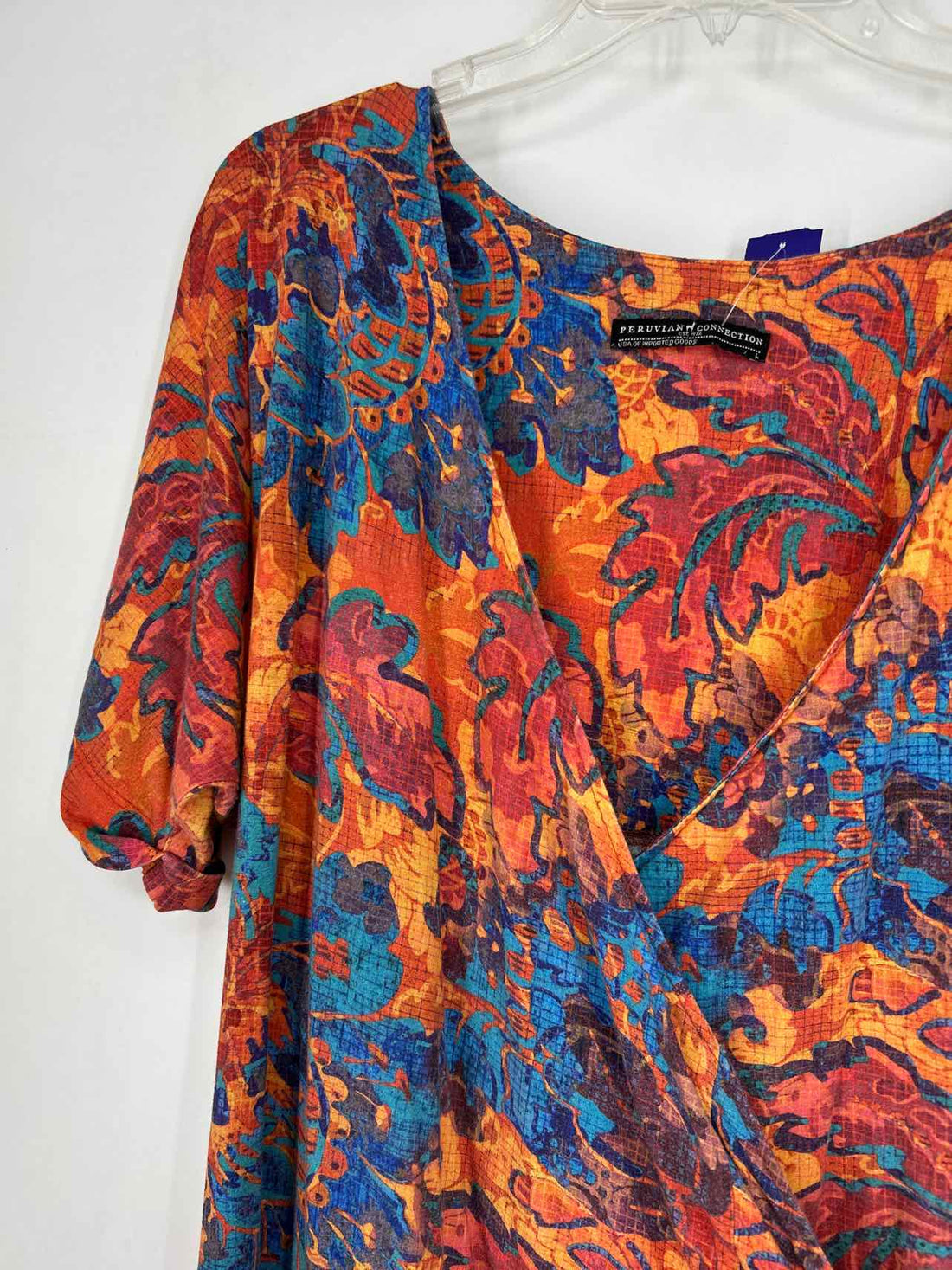 Peruvian Connections Size L Orange & Blue Print Dress