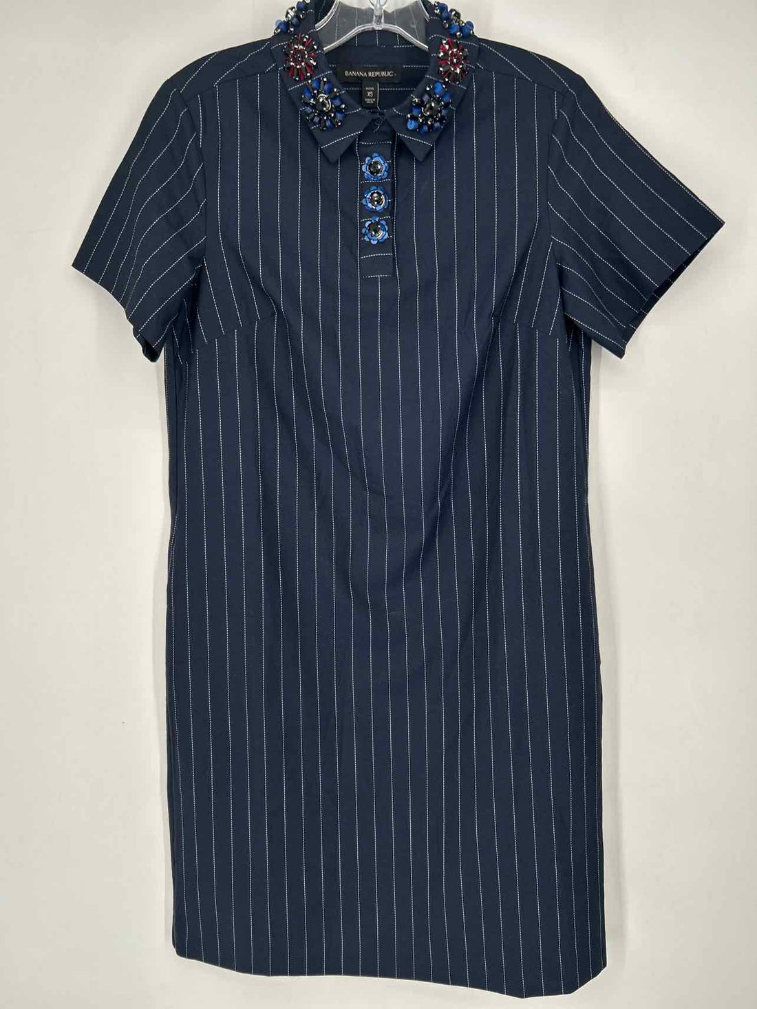 Banana Republic Size XSP Navy Pin Stripe Embellished Short Sleeve Dress