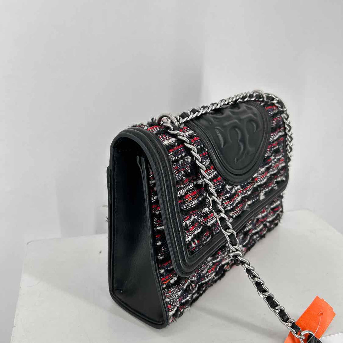 Tory Burch Fleming Tweed Covertible Black Leather Shoulder