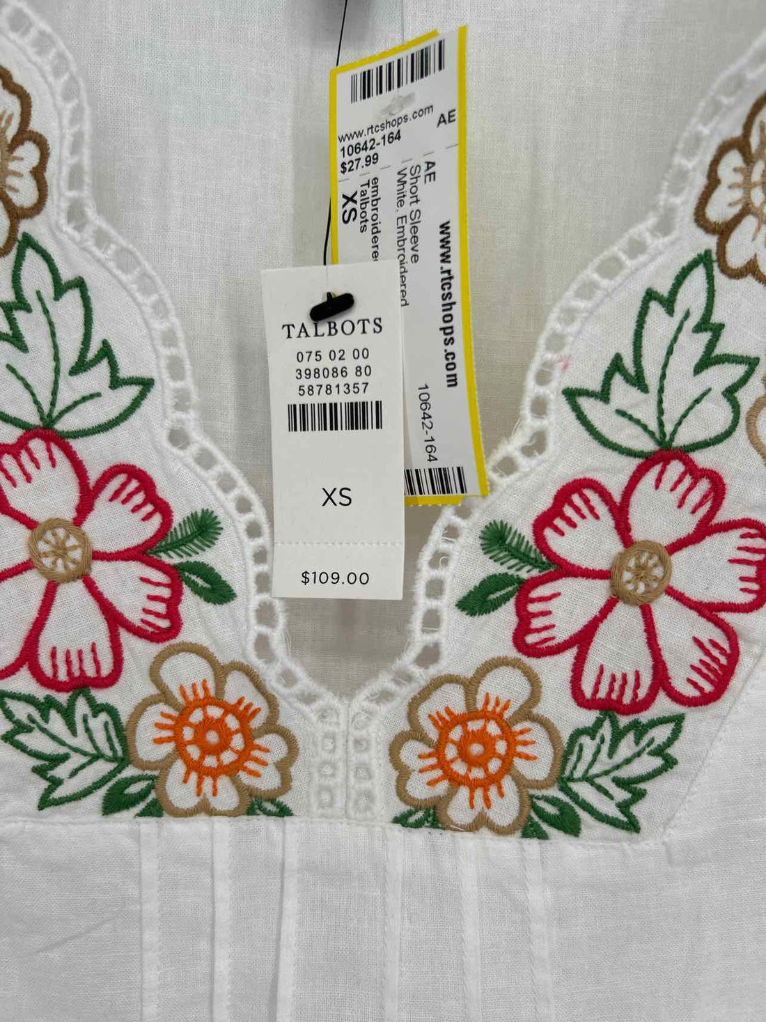 Talbots Size XS White Embroidered Short Sleeve