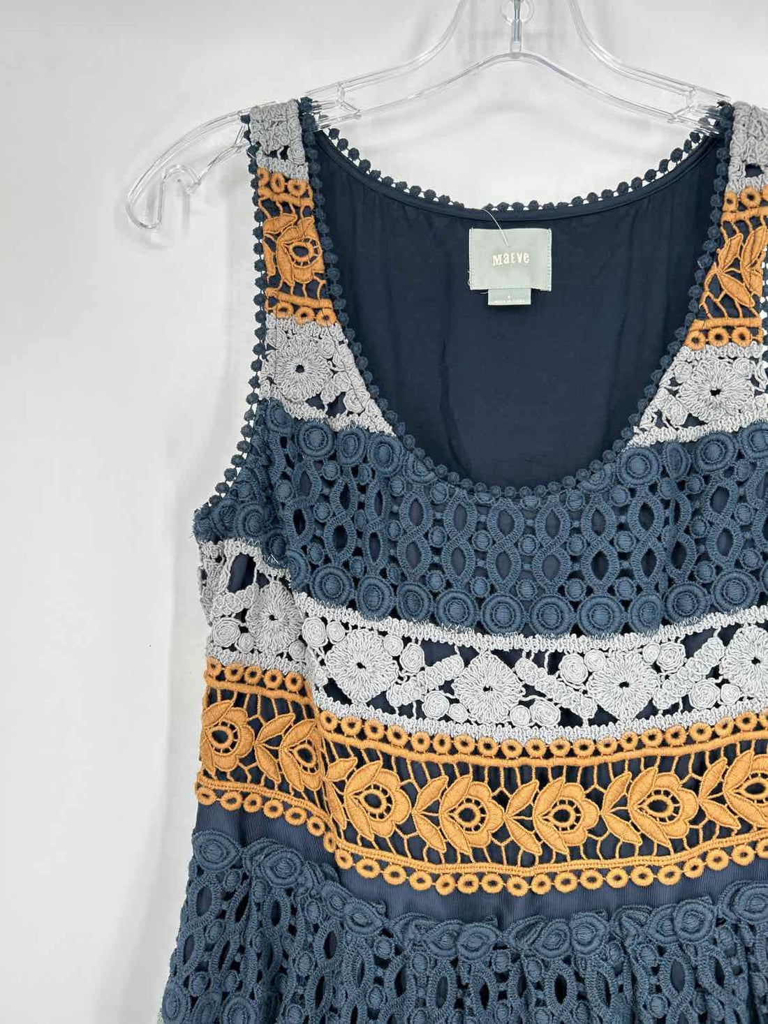 Maeve Size 4 Navy Striped Crochet Sleeveless Dress