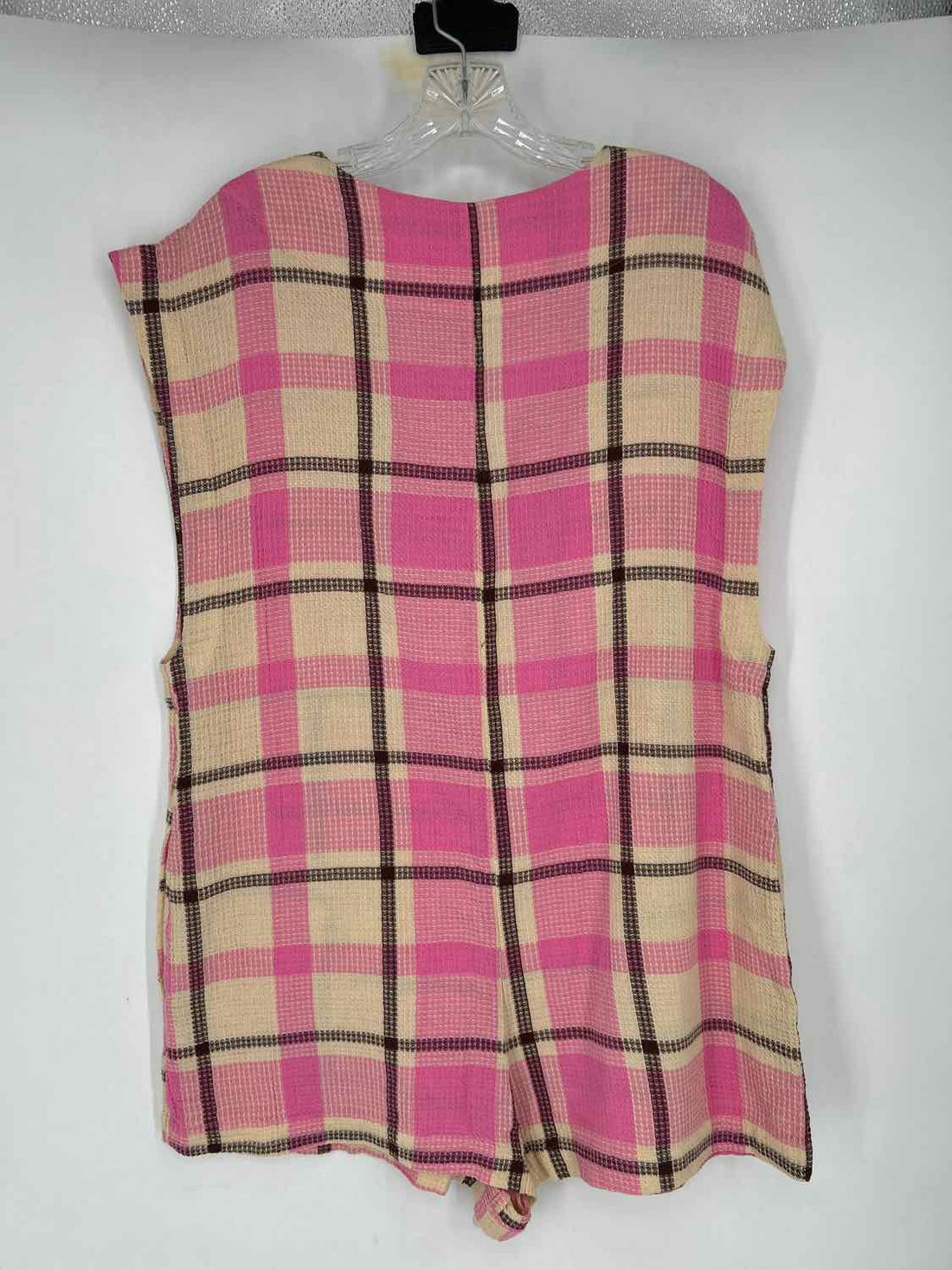 Free People Size S Cream & Pink Plaid Short Sleeve Rompers
