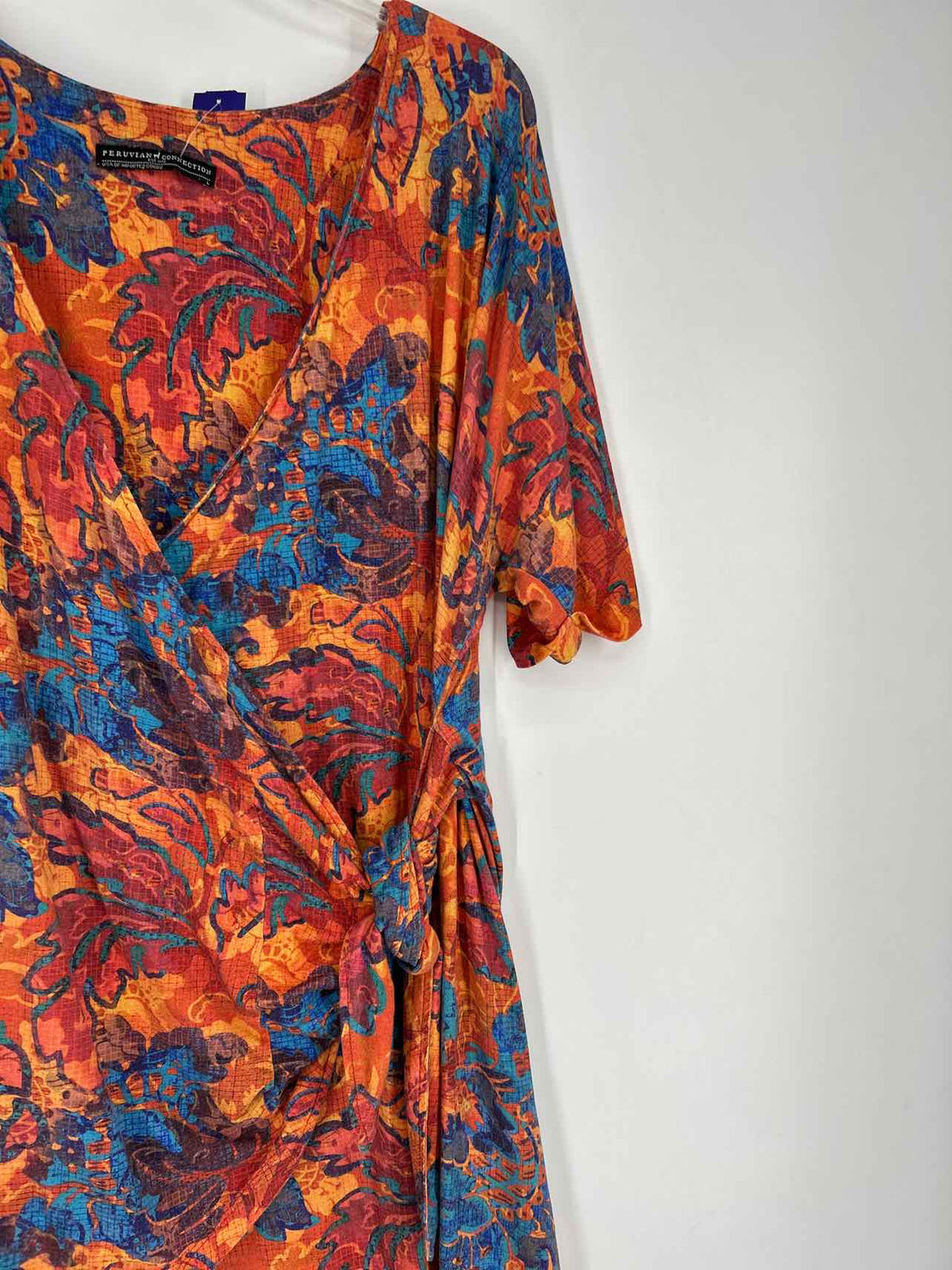 Peruvian Connections Size L Orange & Blue Print Dress