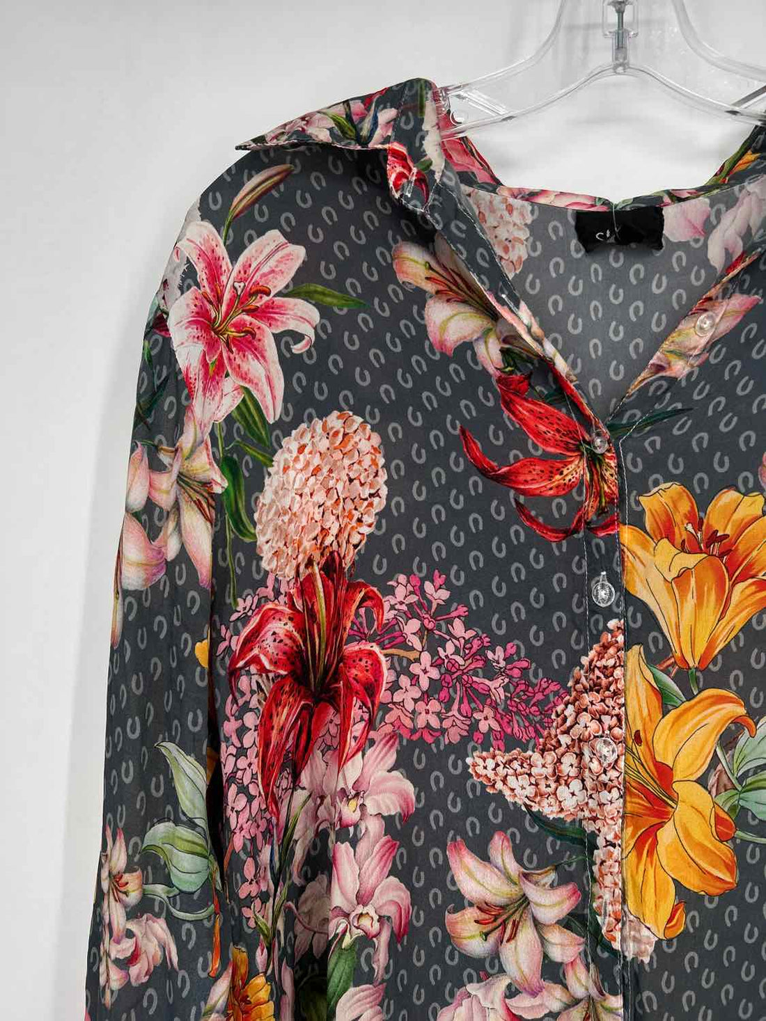 Shana Size L Gray Floral Long Sleeve