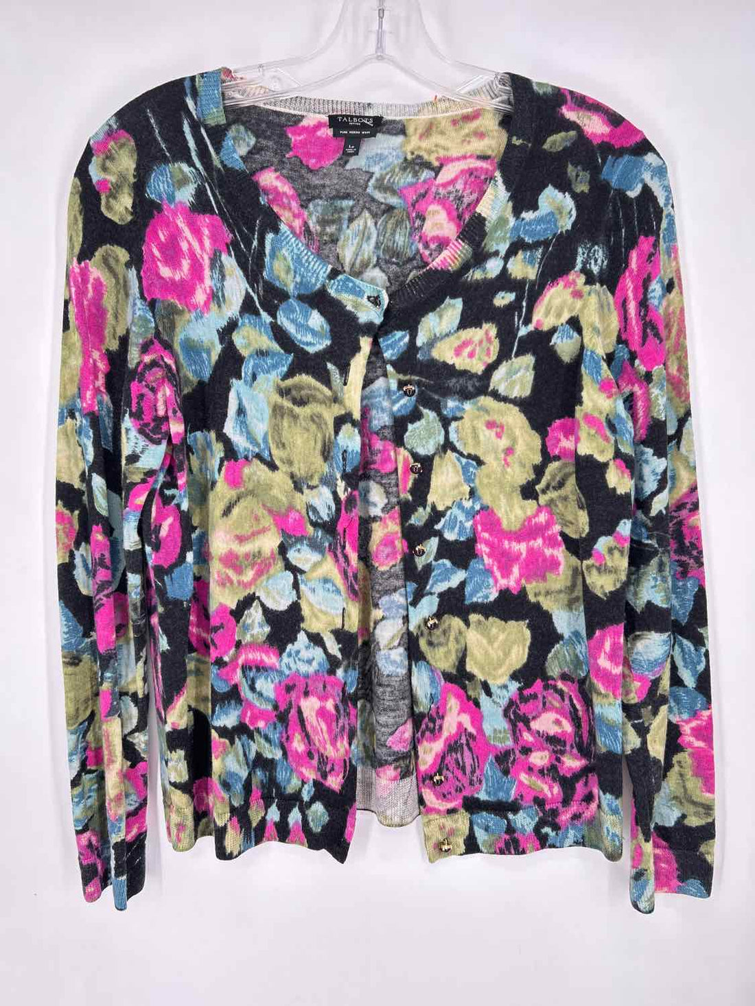 Talbots Size LP Black Floral Merino Wool Cardigan