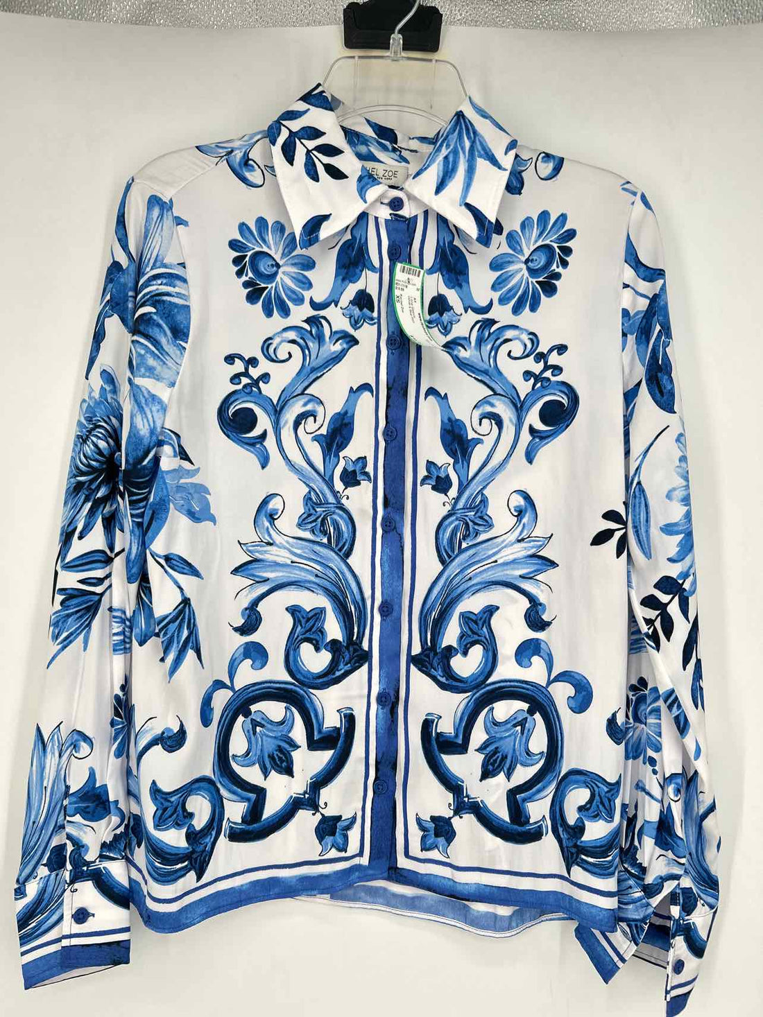 Rachel Zoe Size XS White & Blue Print Long Sleeve