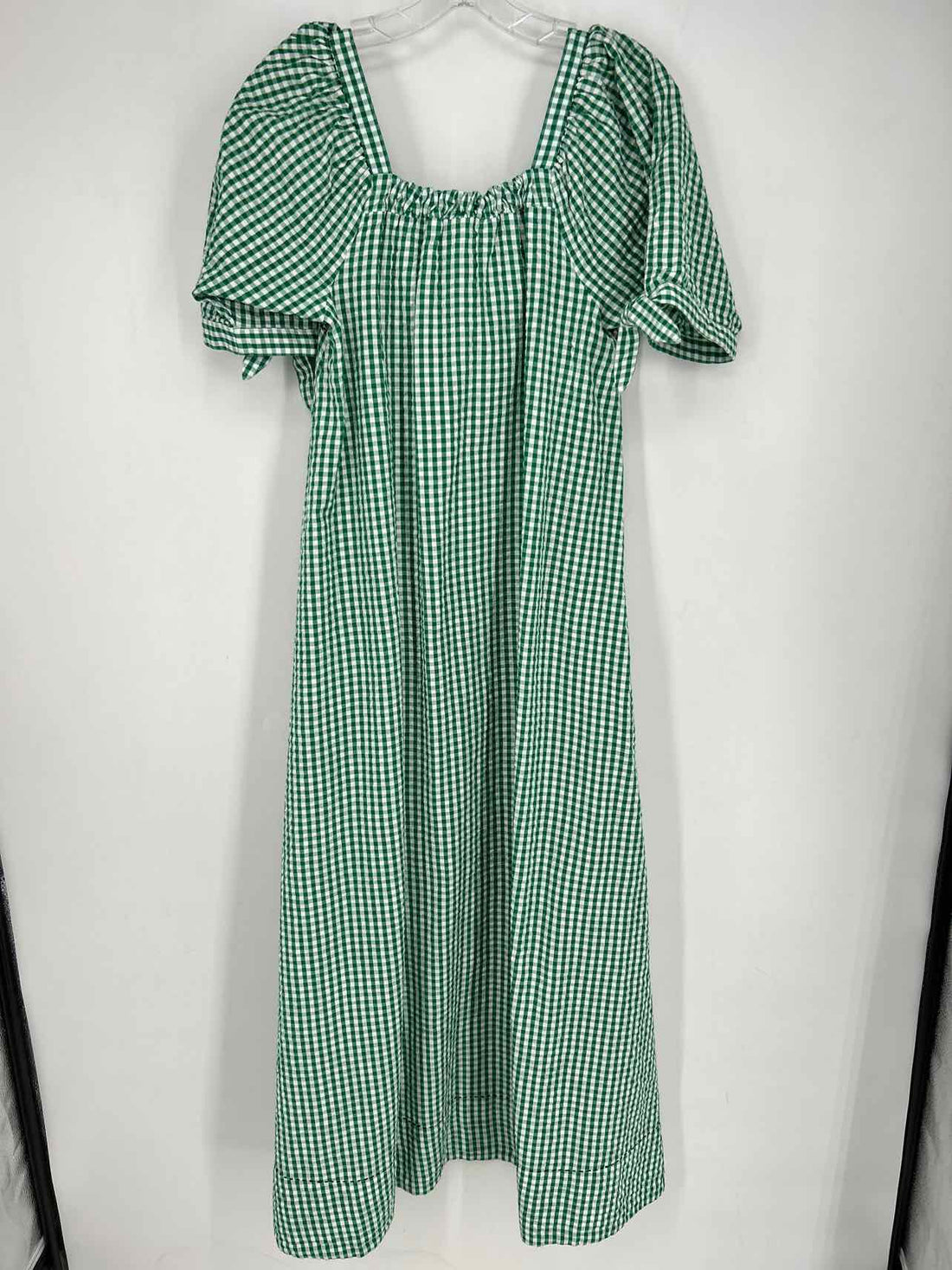 Free People Size S Green Gingham Embroidered Short Sleeve Maxi