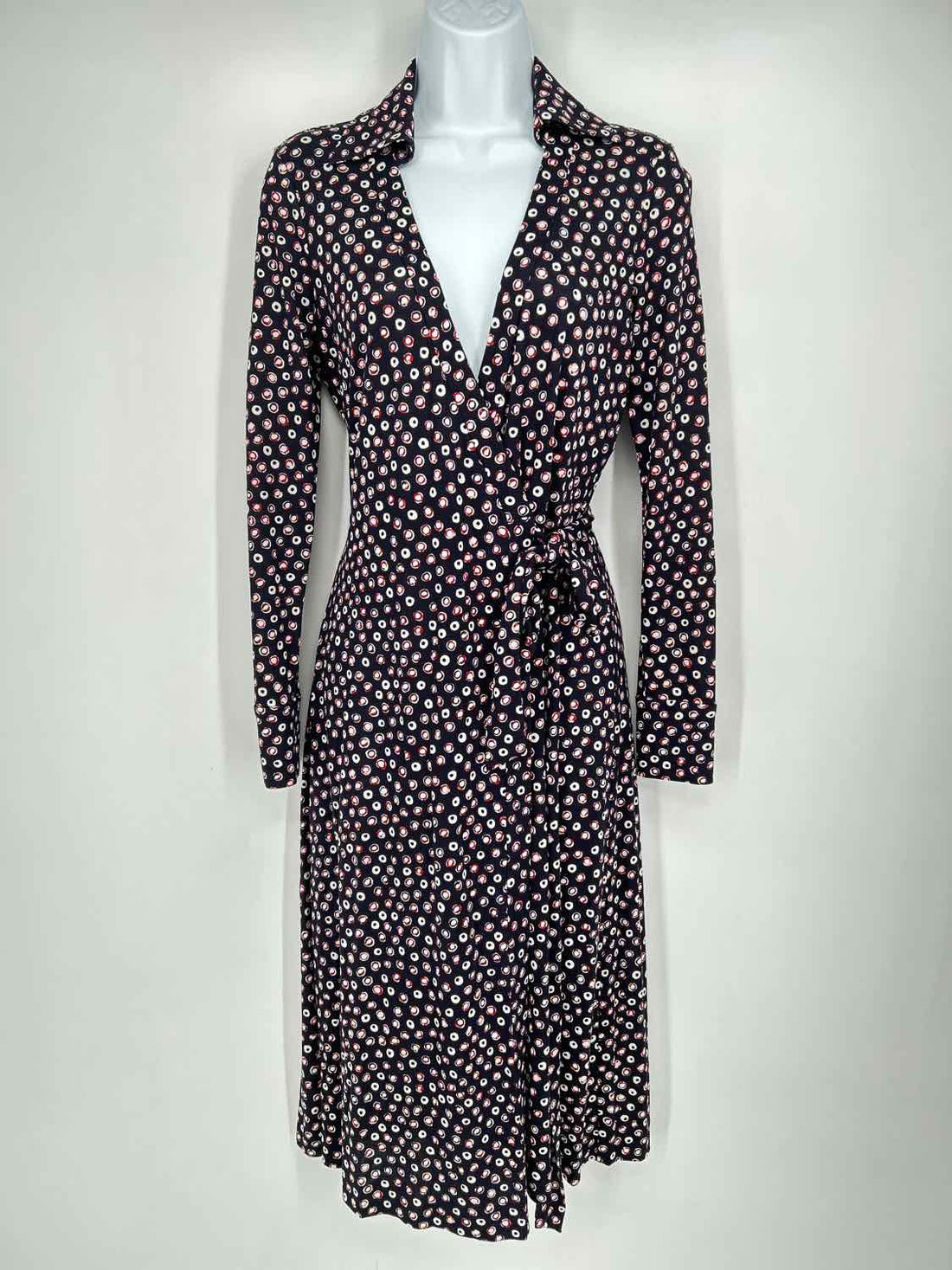 Diane Von Furstenberg Size 2 Navy White & Red Long Sleeve Dress
