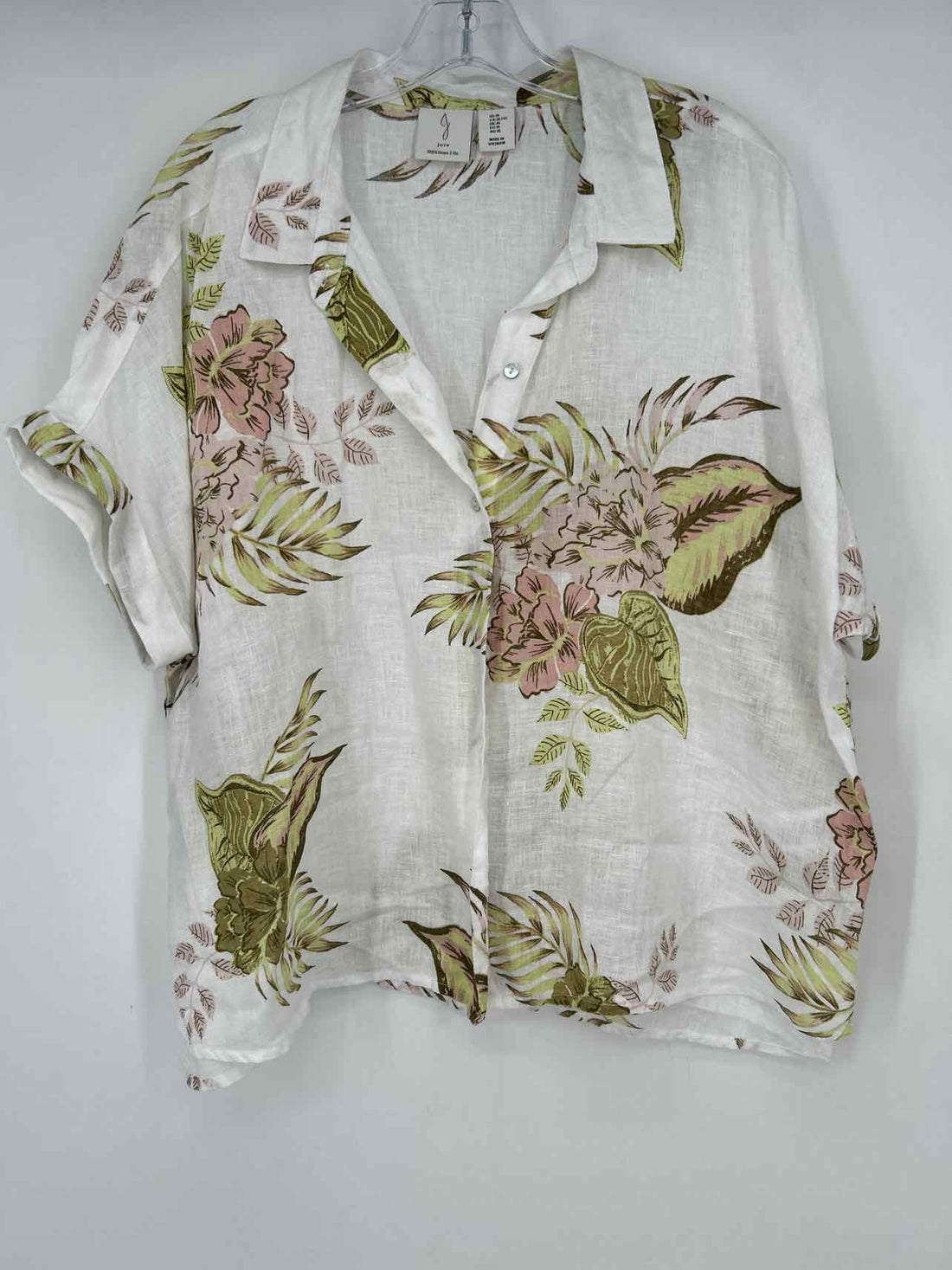 Joie Size XL White Floral Linen Short Sleeve