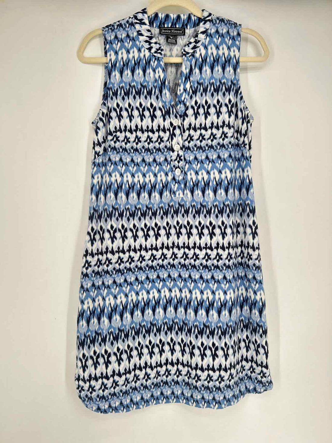 Jessica Howard Size 6 Blue Print Linen/Rayon Sleeveless Dress