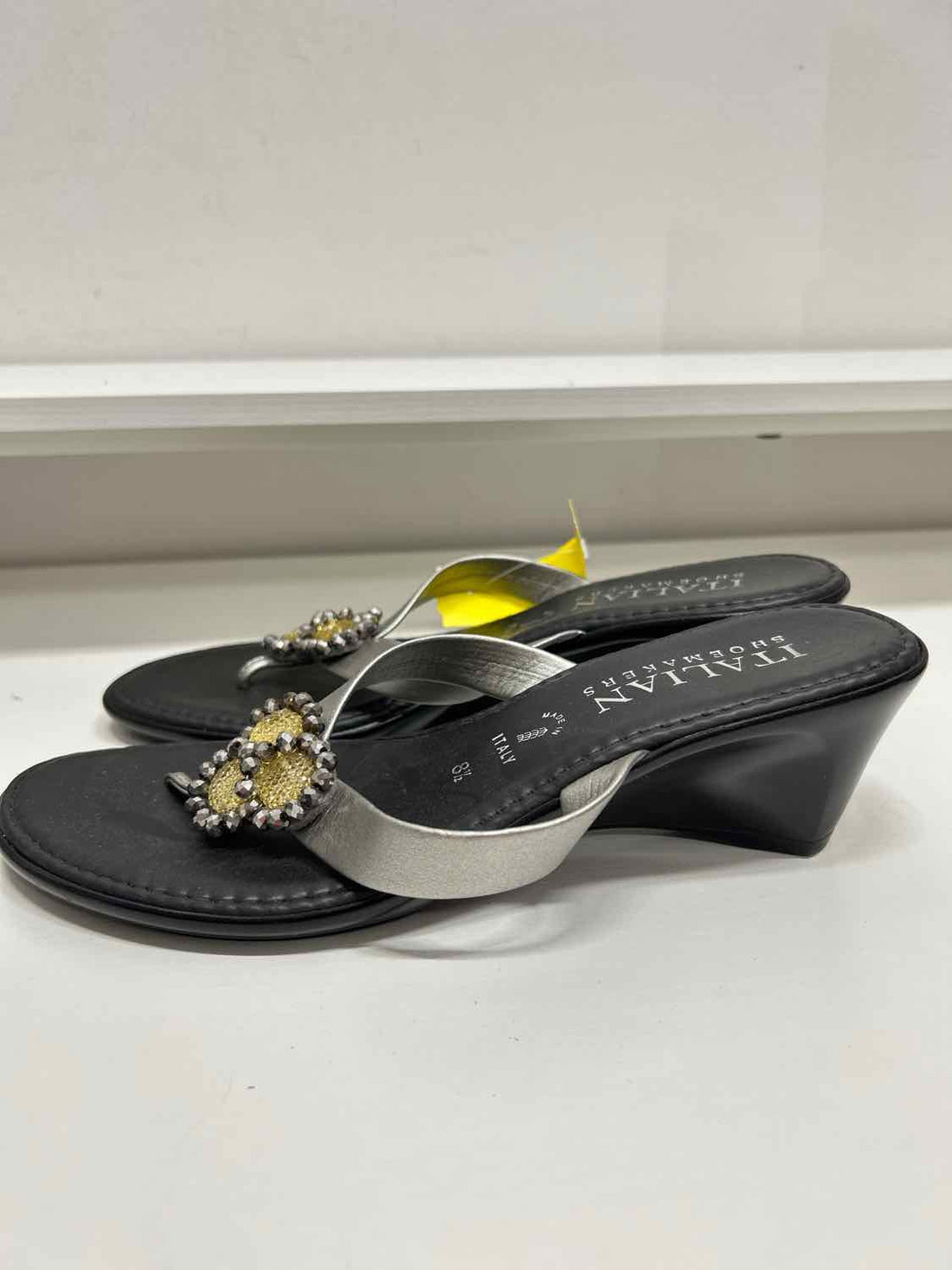 Italian Shoe Makers Women Size 8.5 Silver & Black Wedges