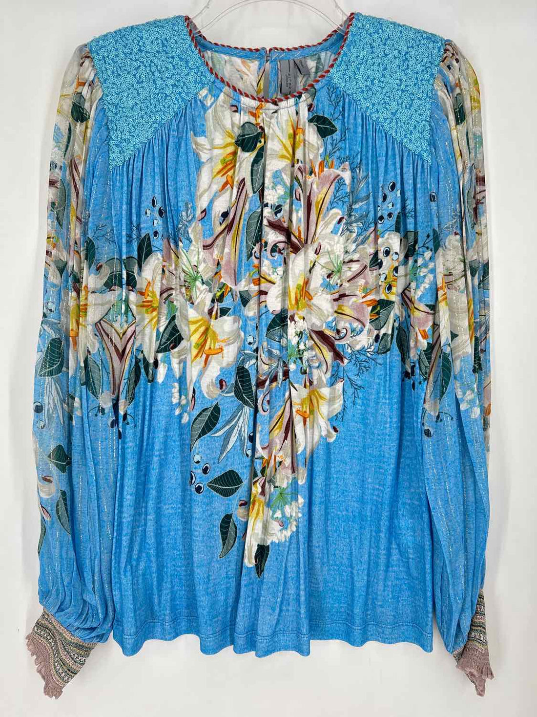 Blank London Size S Blue & White Floral Shimmer Long Sleeve