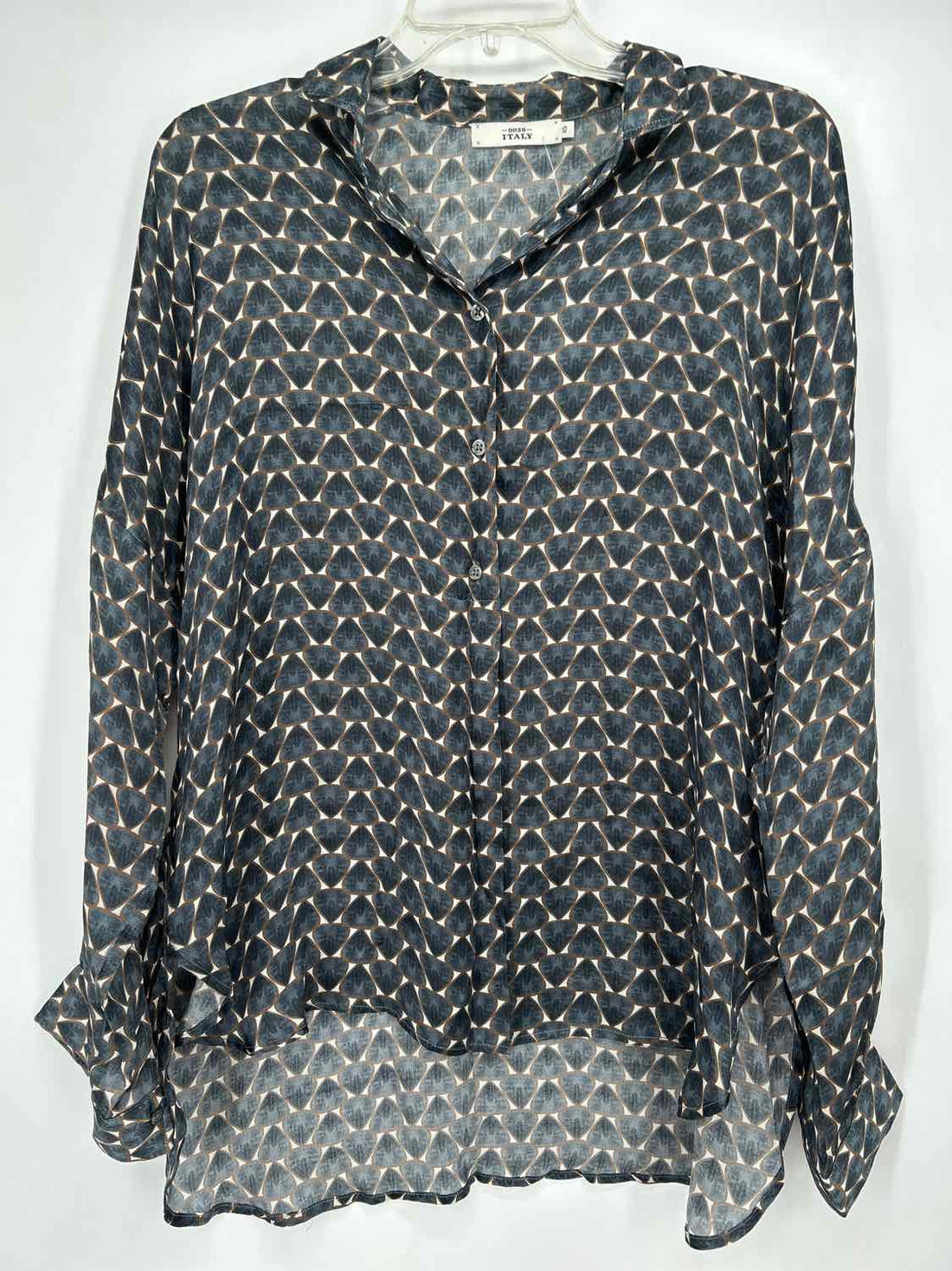 0039 Italy Size XS Gray Cream & Brown Print Silk Long Sleeve