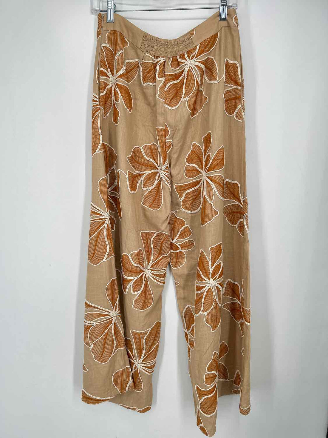 Traffic People Size L Khaki & Rust Floral Linen 100% Pants