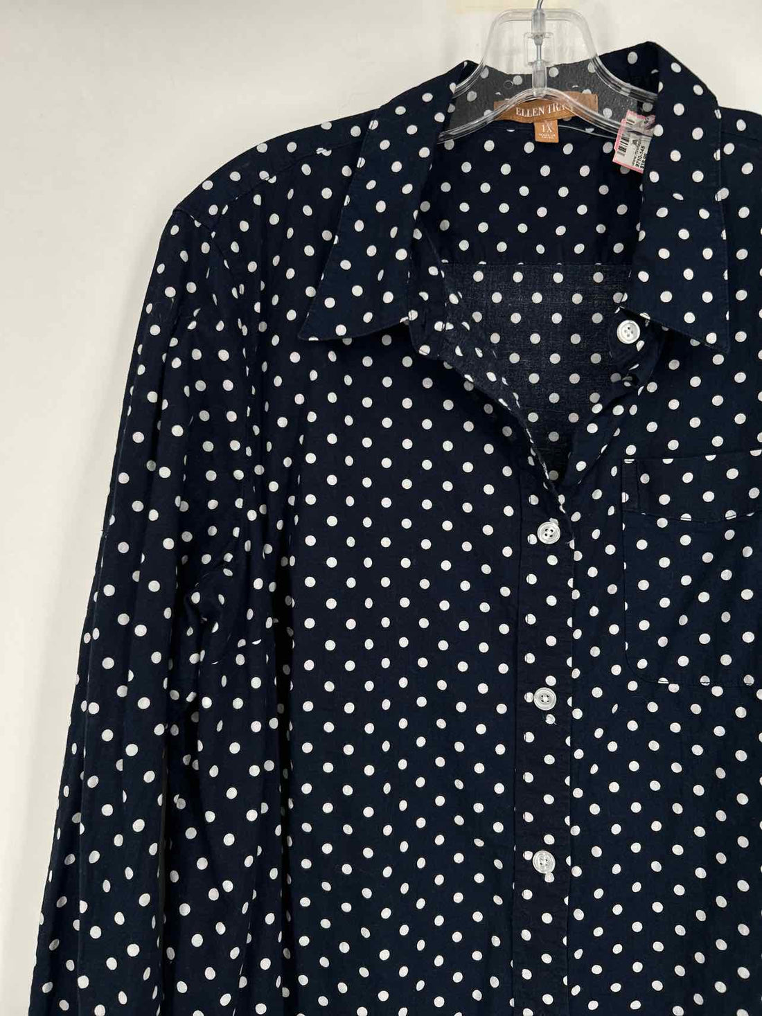 Ellen Tracy Size 1X Navy Polkadot Long Sleeve Top/Blouse