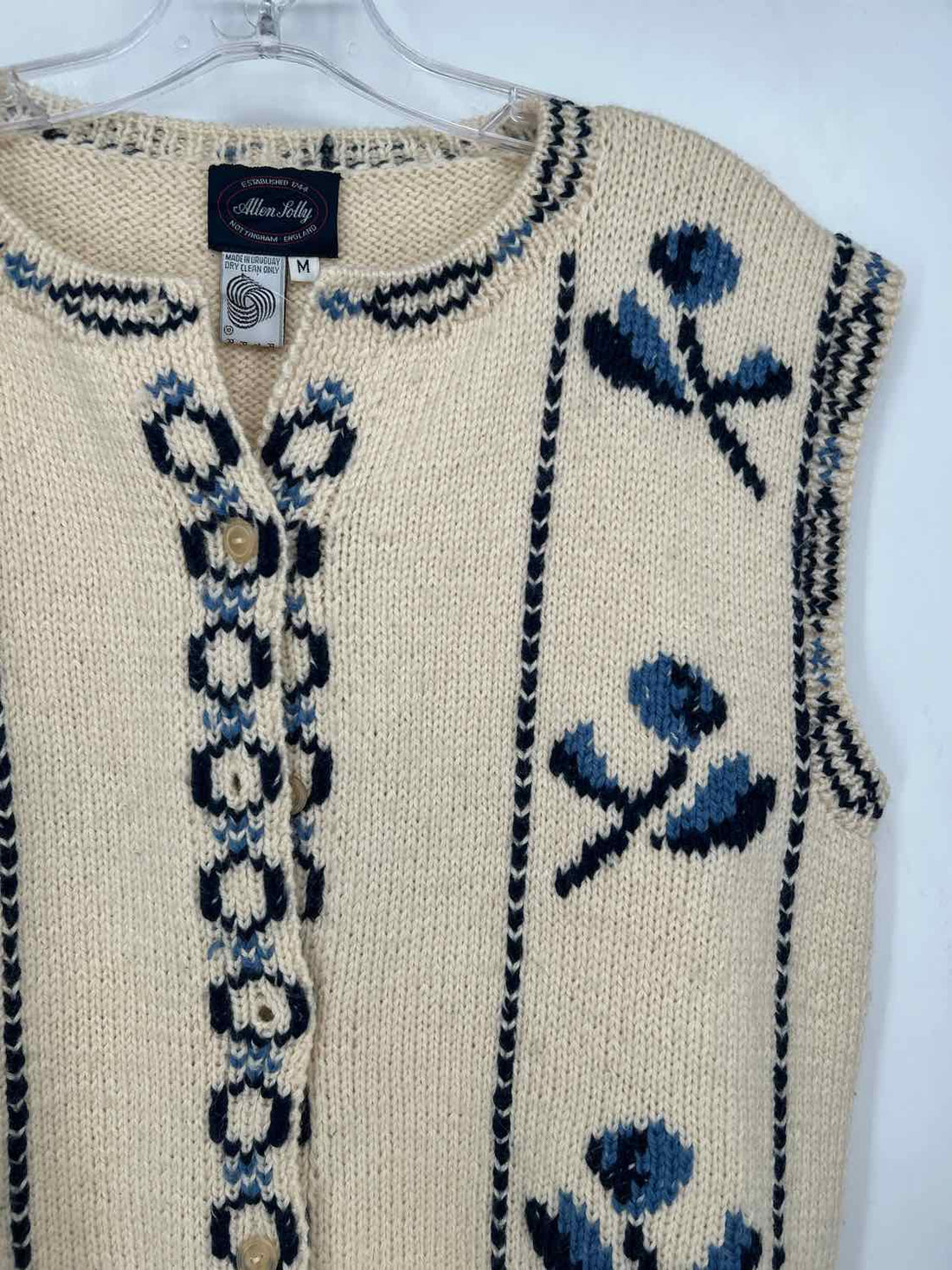 Allen Jolly Size M Cream & Navy Print Wool Vest