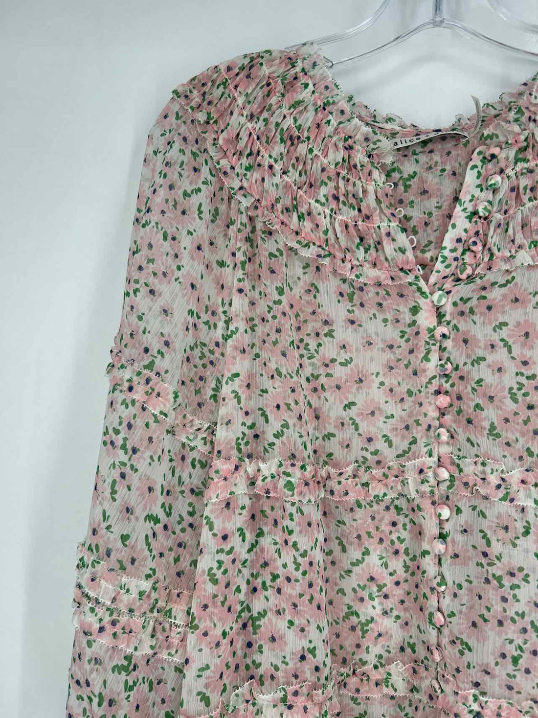 Alice + Olivia Size L White & Pink Floral Long Sleeve