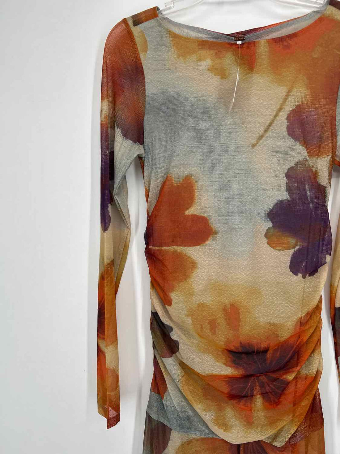 Free People Size M Orange & Purple Floral Mesh Long Sleeve Maxi