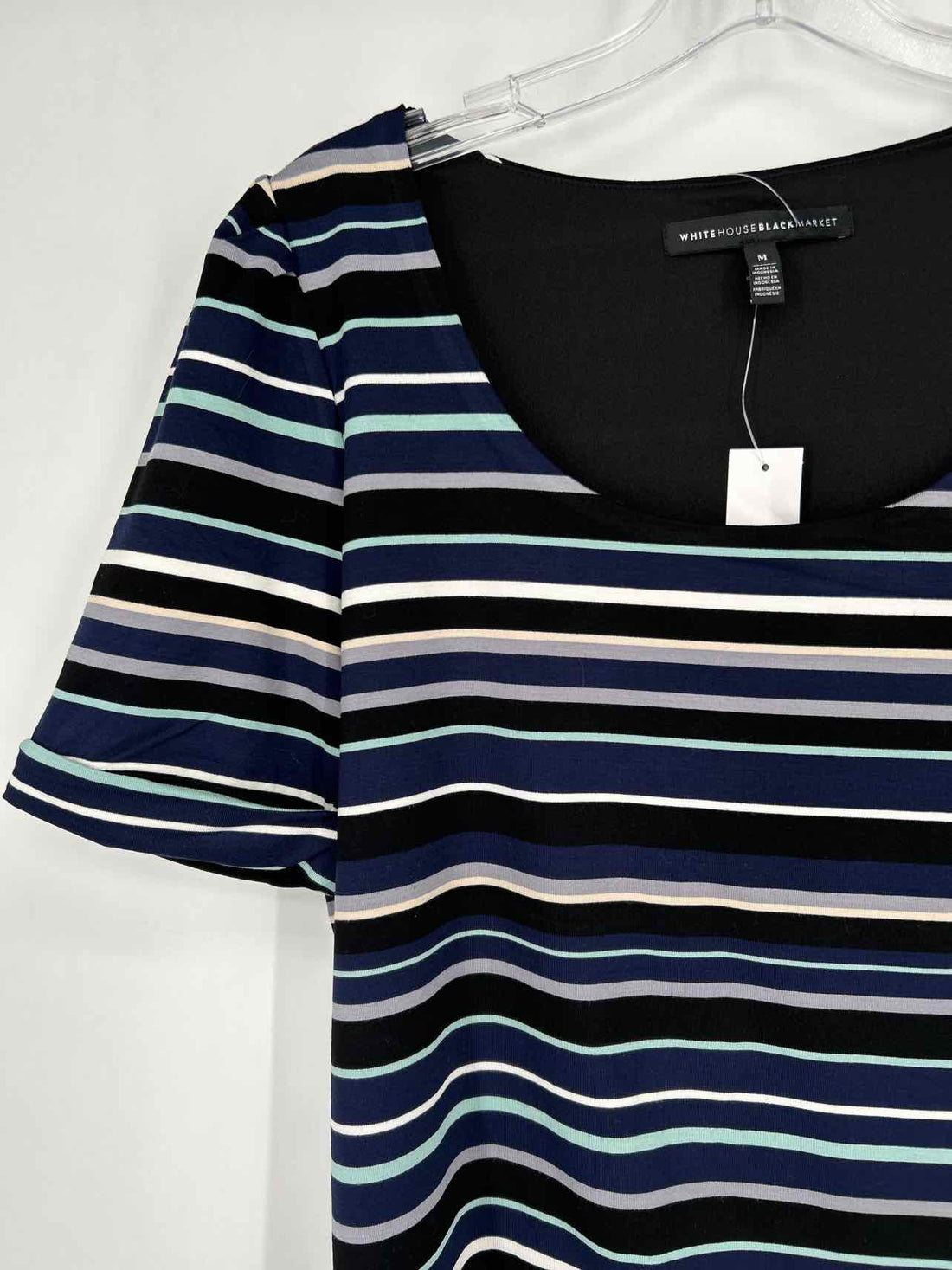 White House Black Market Size M Black & Blue Stripe NWT Short Sleeve