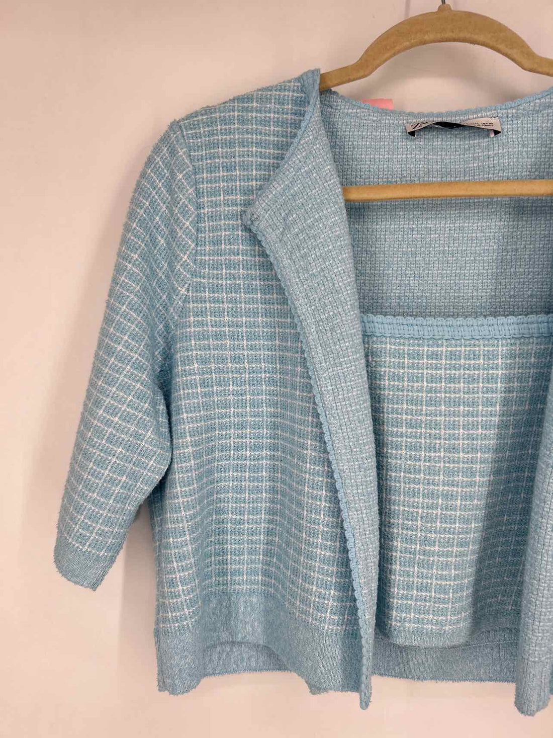 Zara Size L Light Blue & White Tweed Short Sleeve 2PC Sweater Set