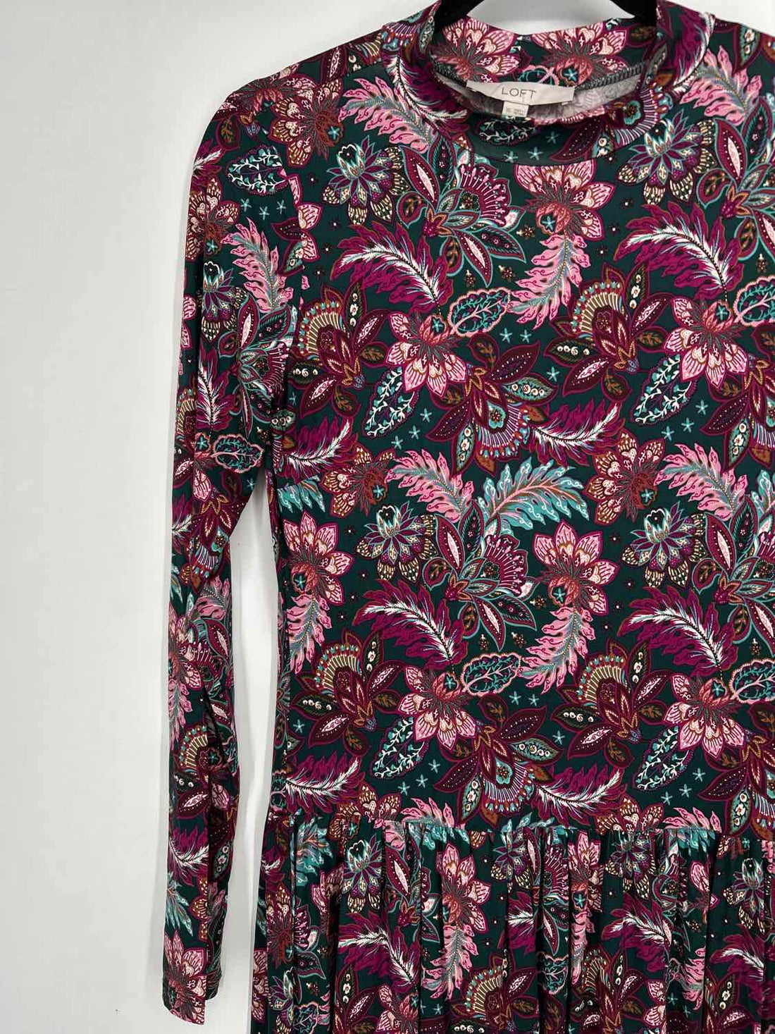 Loft Size XS Dark Green & Purple Print Long Sleeve Dress