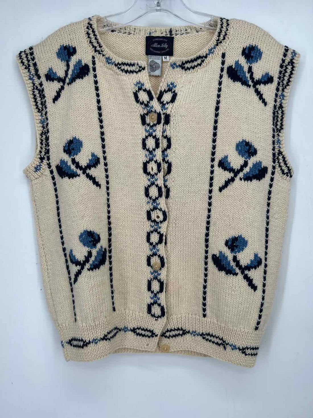 Allen Jolly Size M Cream & Navy Print Wool Vest
