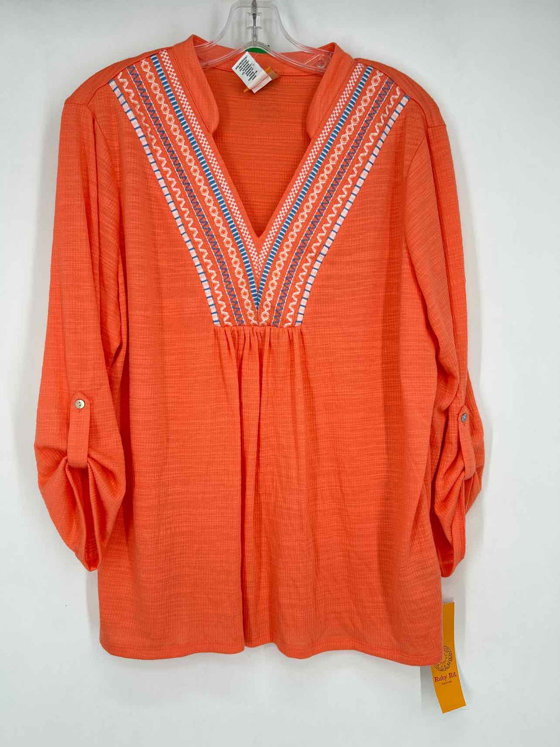 Ruby Rd Size L Orange Blue & white gingham Embroidered NWT Long Sleeve
