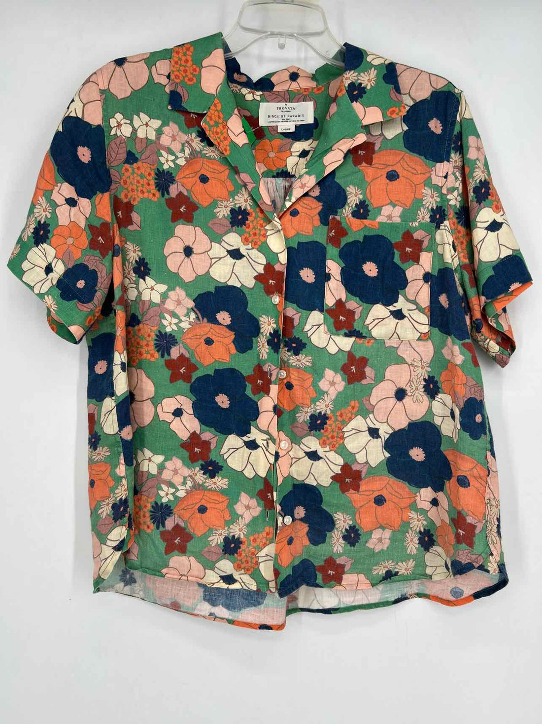 Trovata Size L Green Floral Linen Short Sleeve