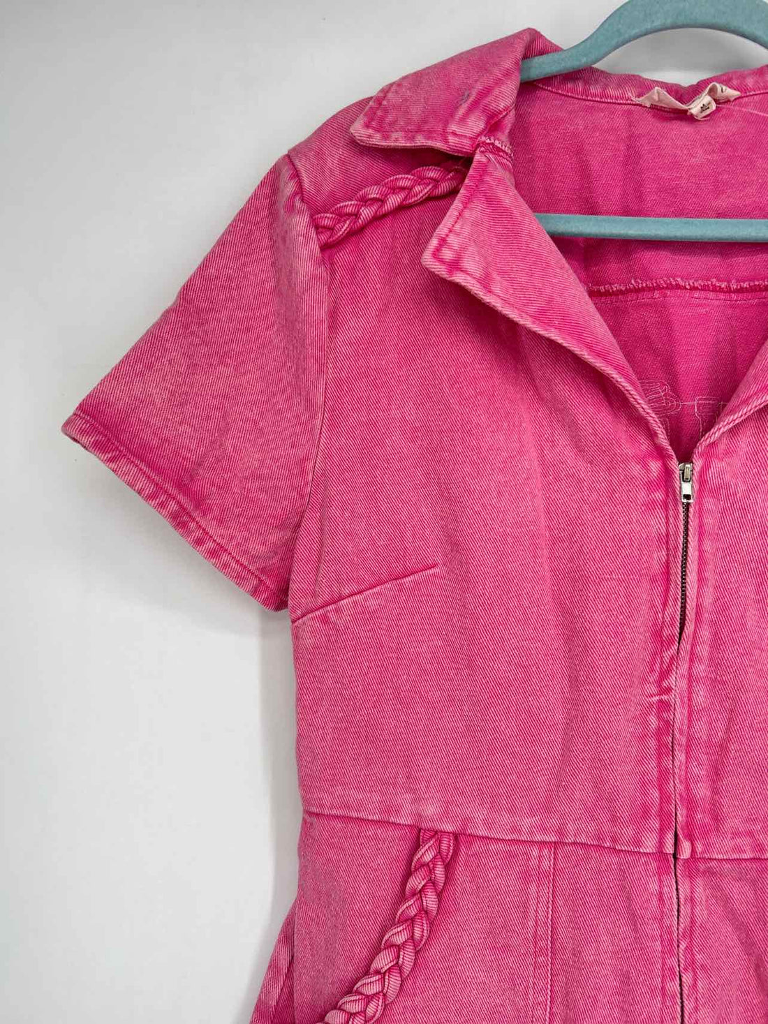 Peach Love Size M Hot Pink Denim Short Sleeve Rompers