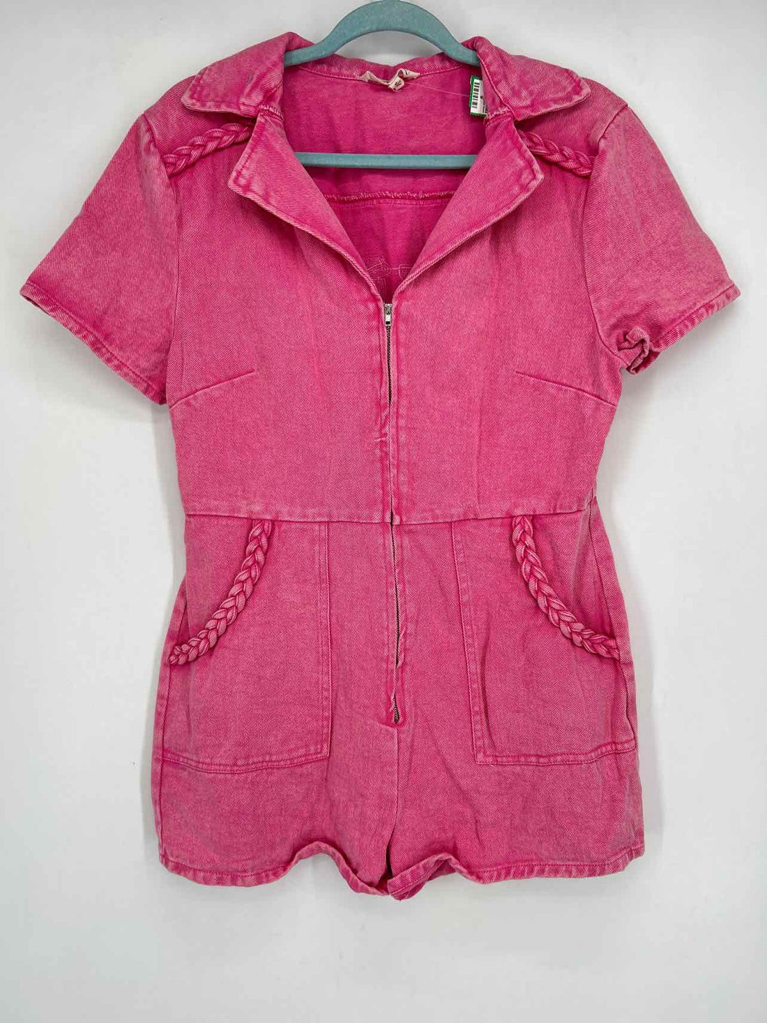 Peach Love Size M Hot Pink Denim Short Sleeve Rompers