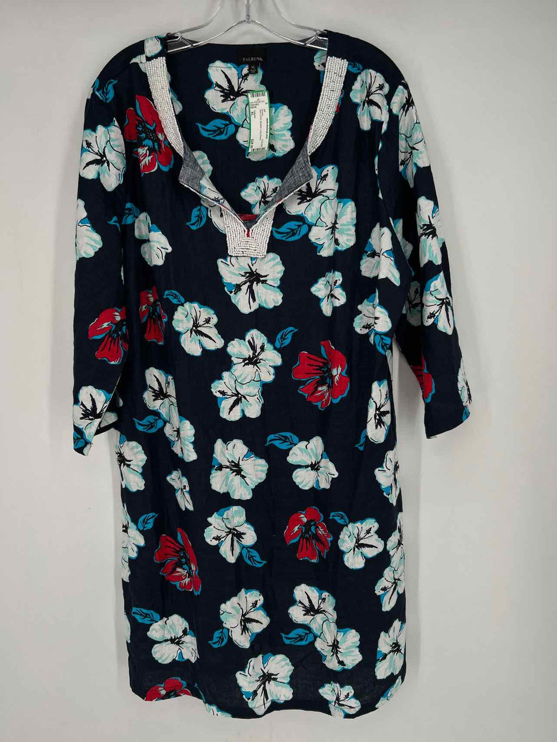 Talbots Size XL Navy Print Beaded Long Sleeve Dress