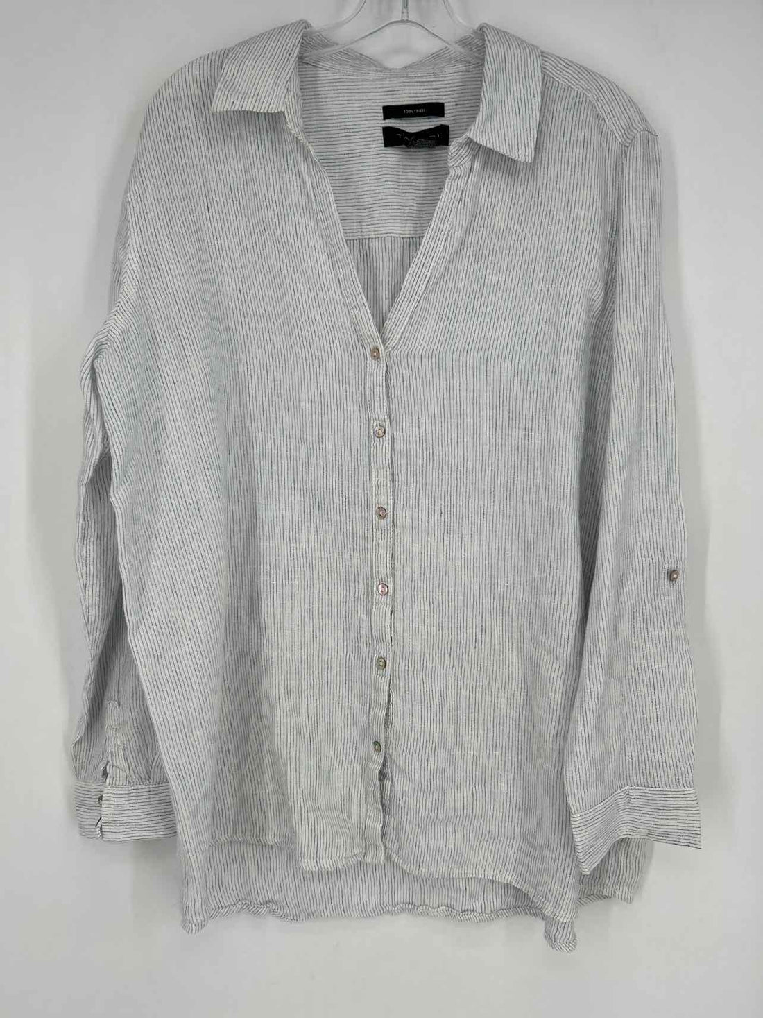 Tahari Size XL White & Blue Striped Linen Long Sleeve