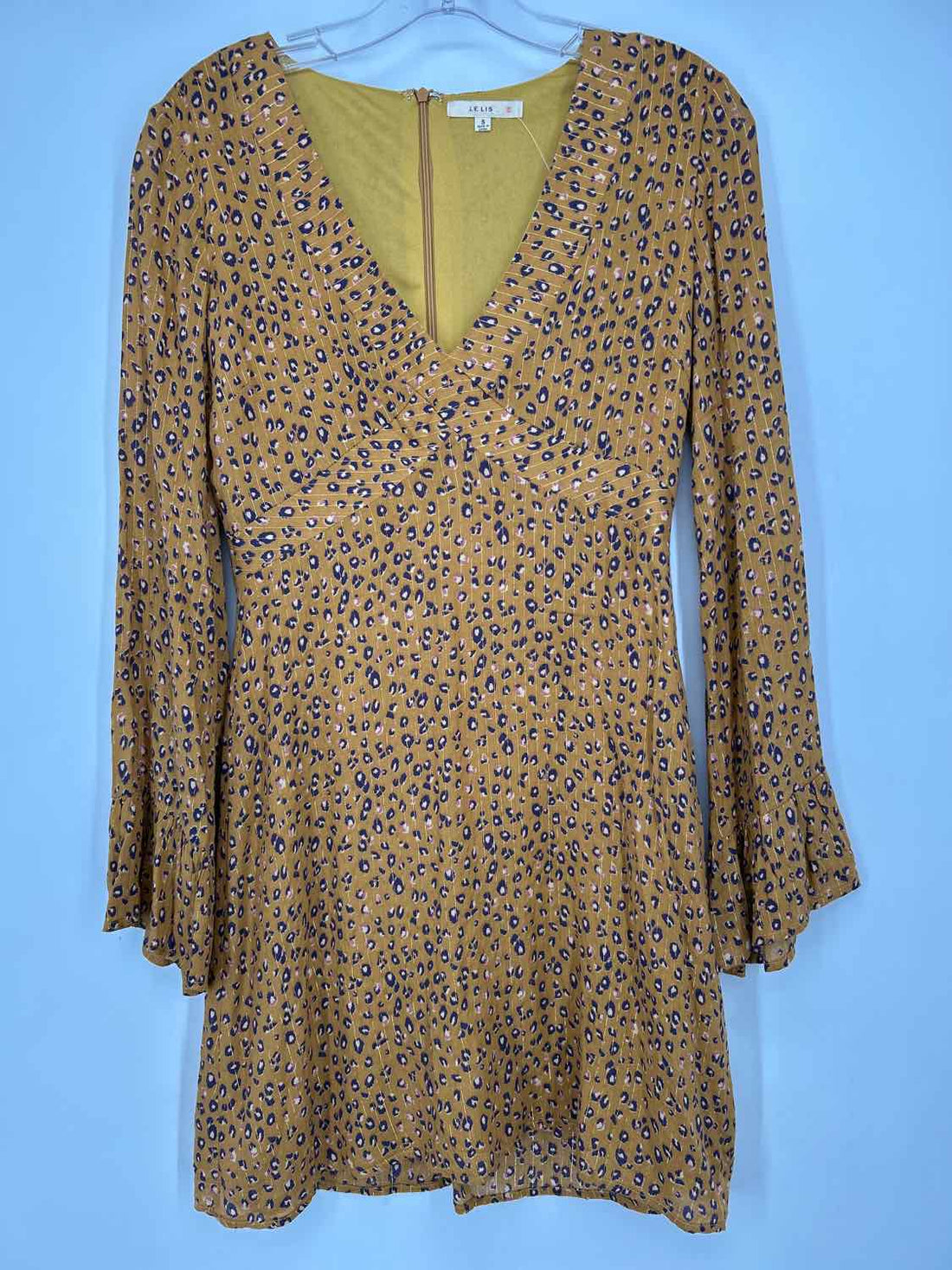 Le Lis Size S Mustard & Purple Print Shimmer Long Sleeve Dress