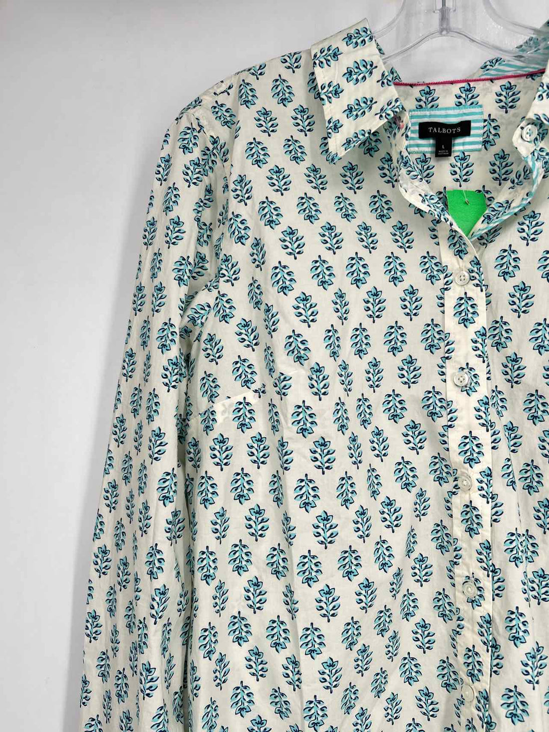Talbots Size L White & Light Blue Print Long Sleeve