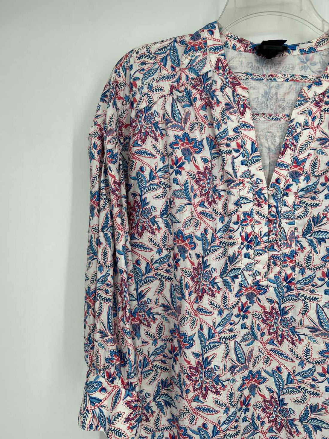J McLaughlin Size M White Blue & Red Floral Linen 100% Long Sleeve Dress