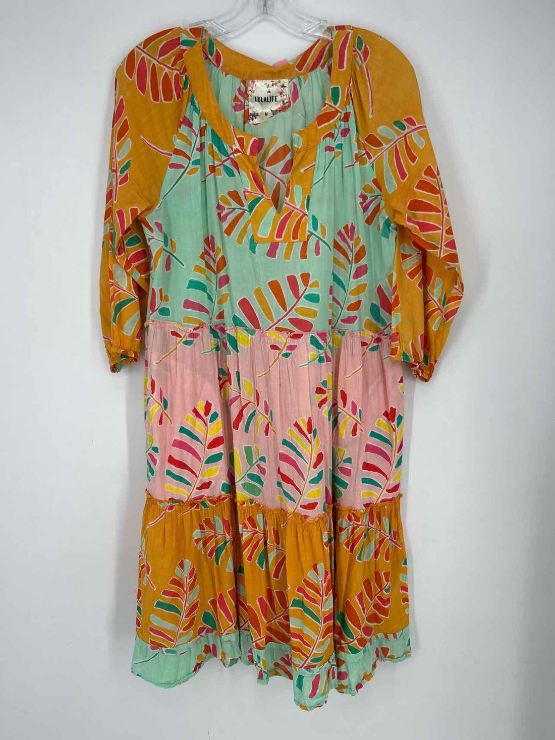 LulaLife Size M Orange Green & Pink Long Sleeve Dress