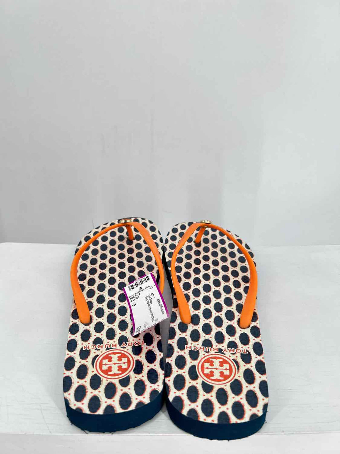 Tory Burch Women Size 9 Navy & Orange Print Flip Flops