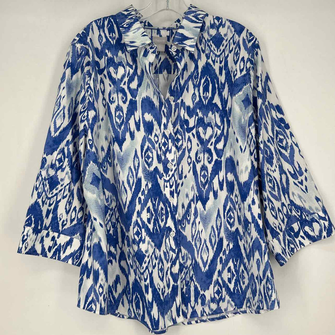 Chicos Size 3 (XL) Blue & White Print Long Sleeve